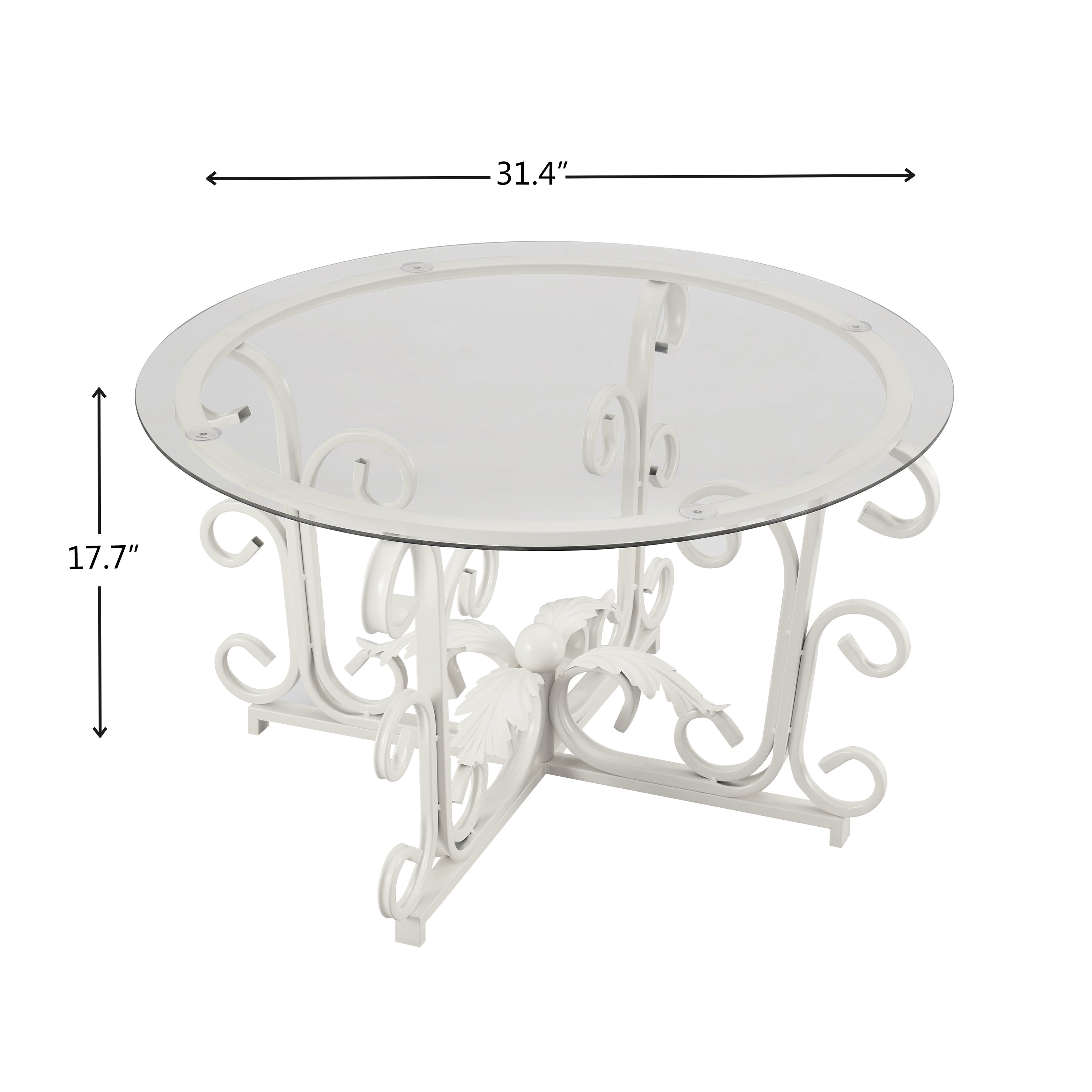 Glass Coffee Table with Iron Leaf Base, White
