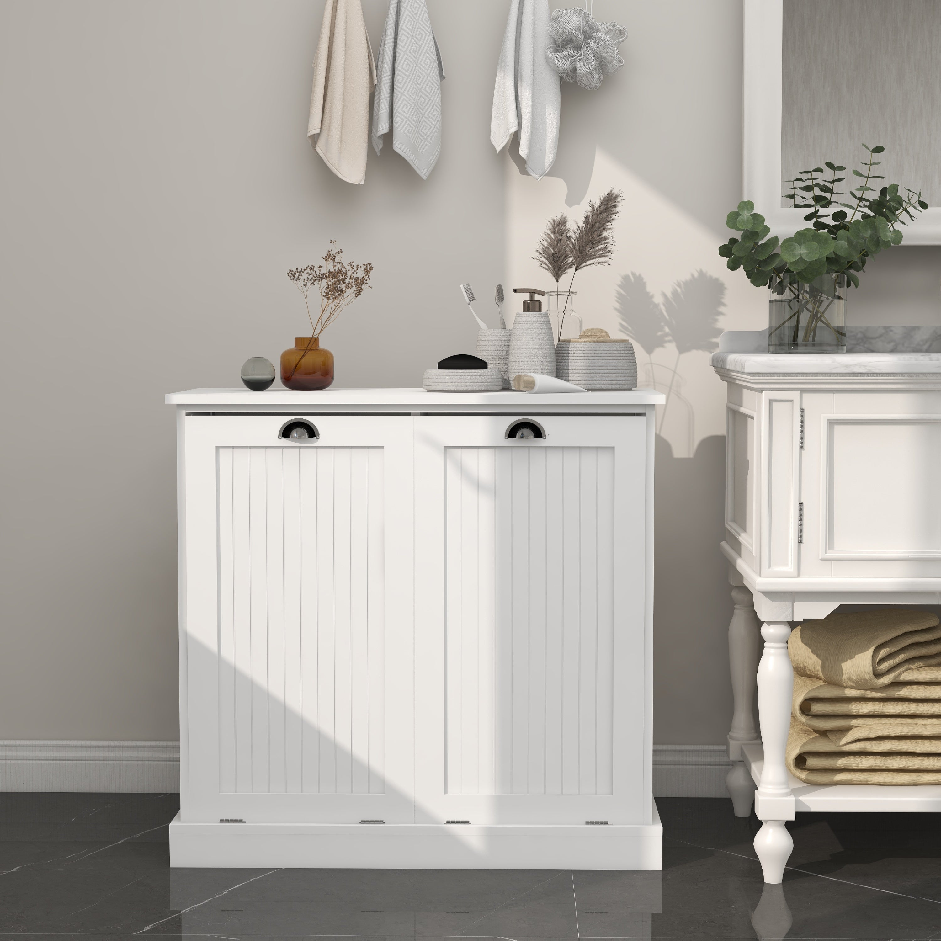 Two-Compartment Tilt-Out Laundry Sorter Cabinet-White