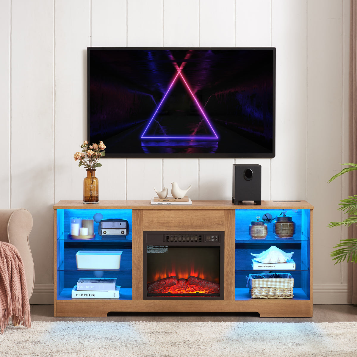 Electric Fireplace TV Stand with Glass Shelves, LED Lights, USB Charging Outlet, Fits TVs up to 62", Natural