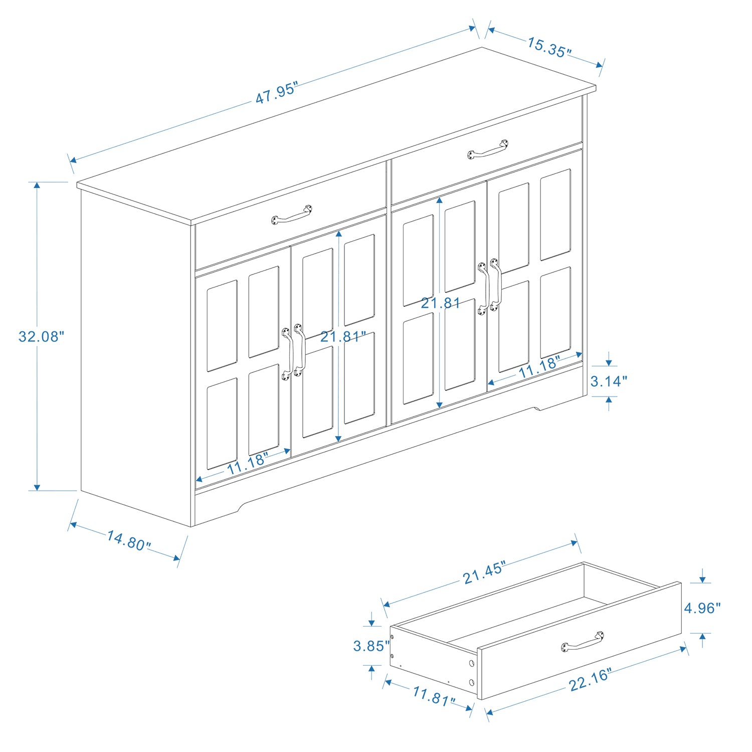 47.95" Farmhouse Buffet Cabinet Storage Sideboard with 2 Drawers and 4 Doors for Dining Living Room Kitchen Cupboard-White