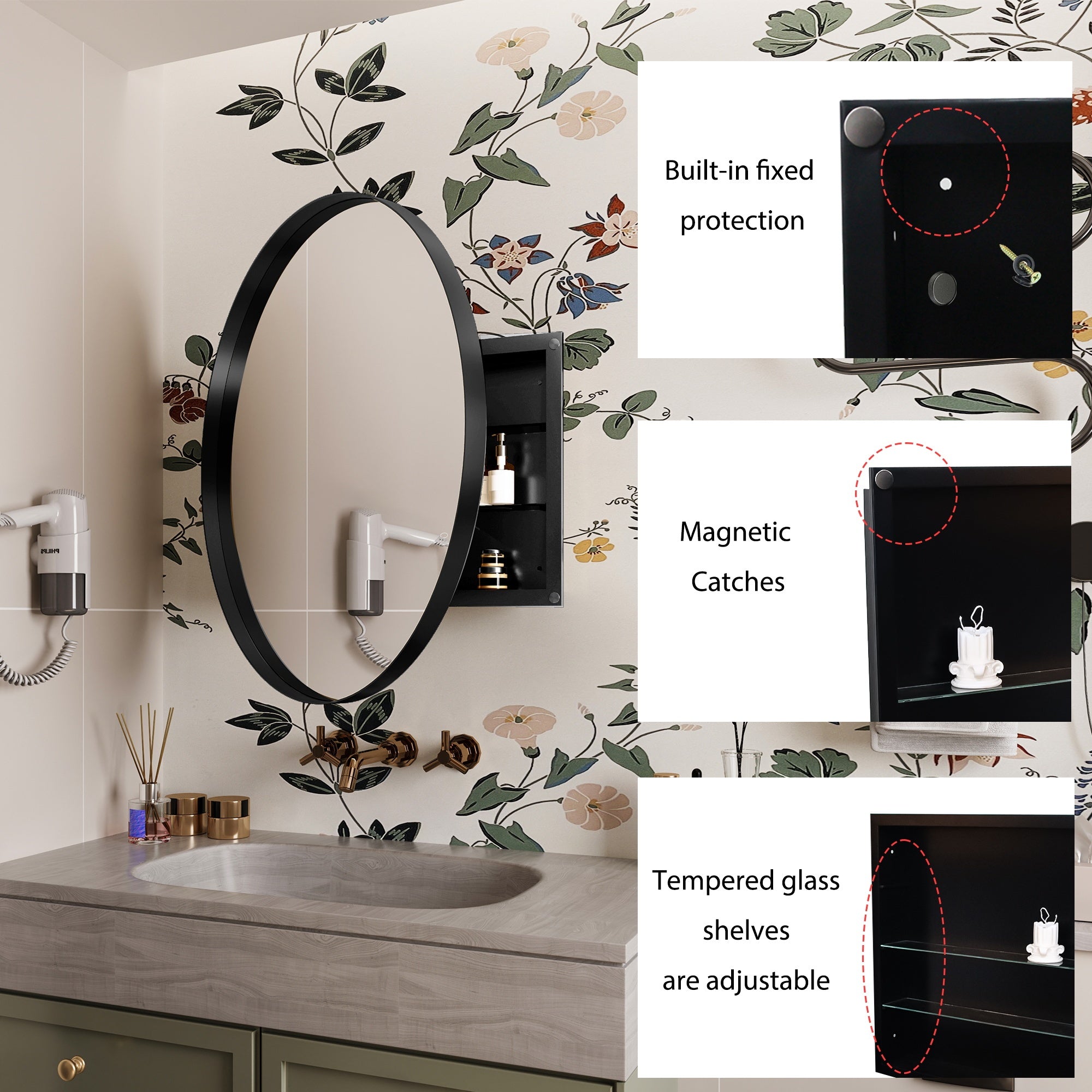 31.5 Inch Surface Mount Round Metal Framed Medicine Cabinet with Mirror and Adjustable Shelves Black Wall Mirror with Storage for Bathroom, Matte Black