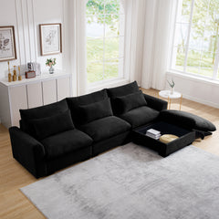 Corduroy Sectional Sofa,  L Shaped Couch with Storage Footstool and 3 Pillow, Sectional Couch for Living Room Apartment, Black