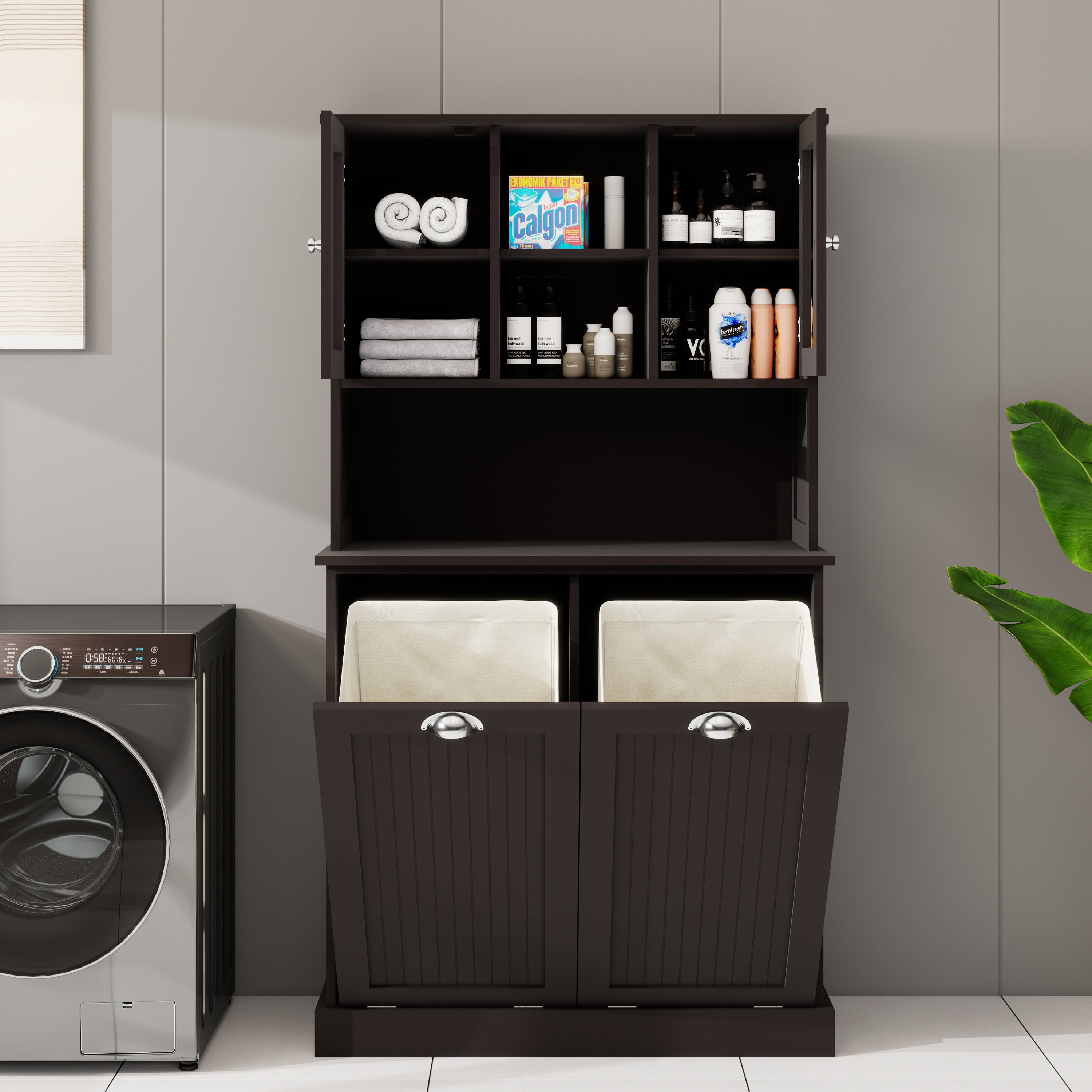 Two-Compartment Tilt-Out Dirty Laundry Basket Tall Bathroom Cabinet with 2 Adjustable Shelves-Black