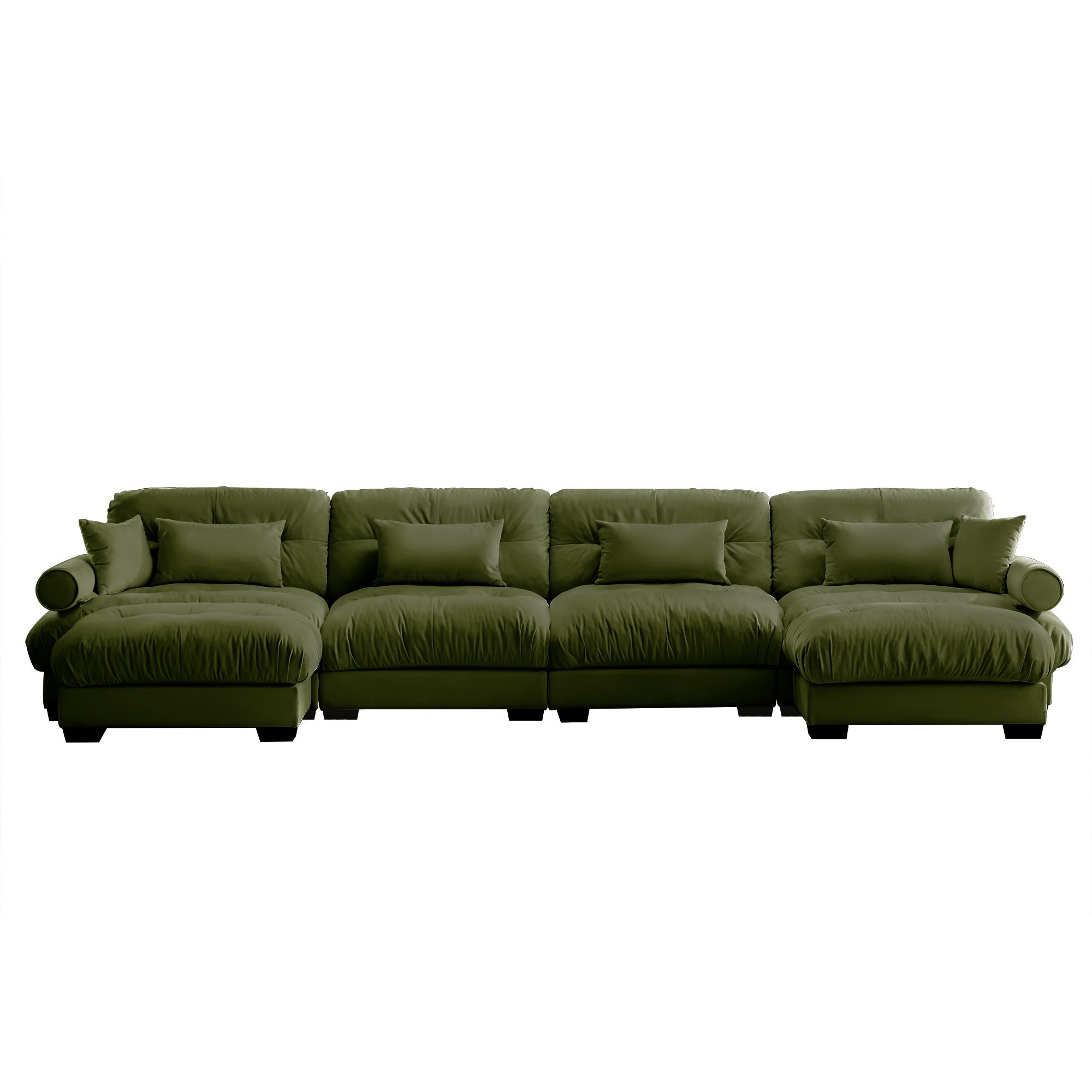 U-Shaped Velvet Sectional Cloud Couch with Movable Ottomans, Deep 4-Seater with Bolstered Armrests and Pillows, Olive green