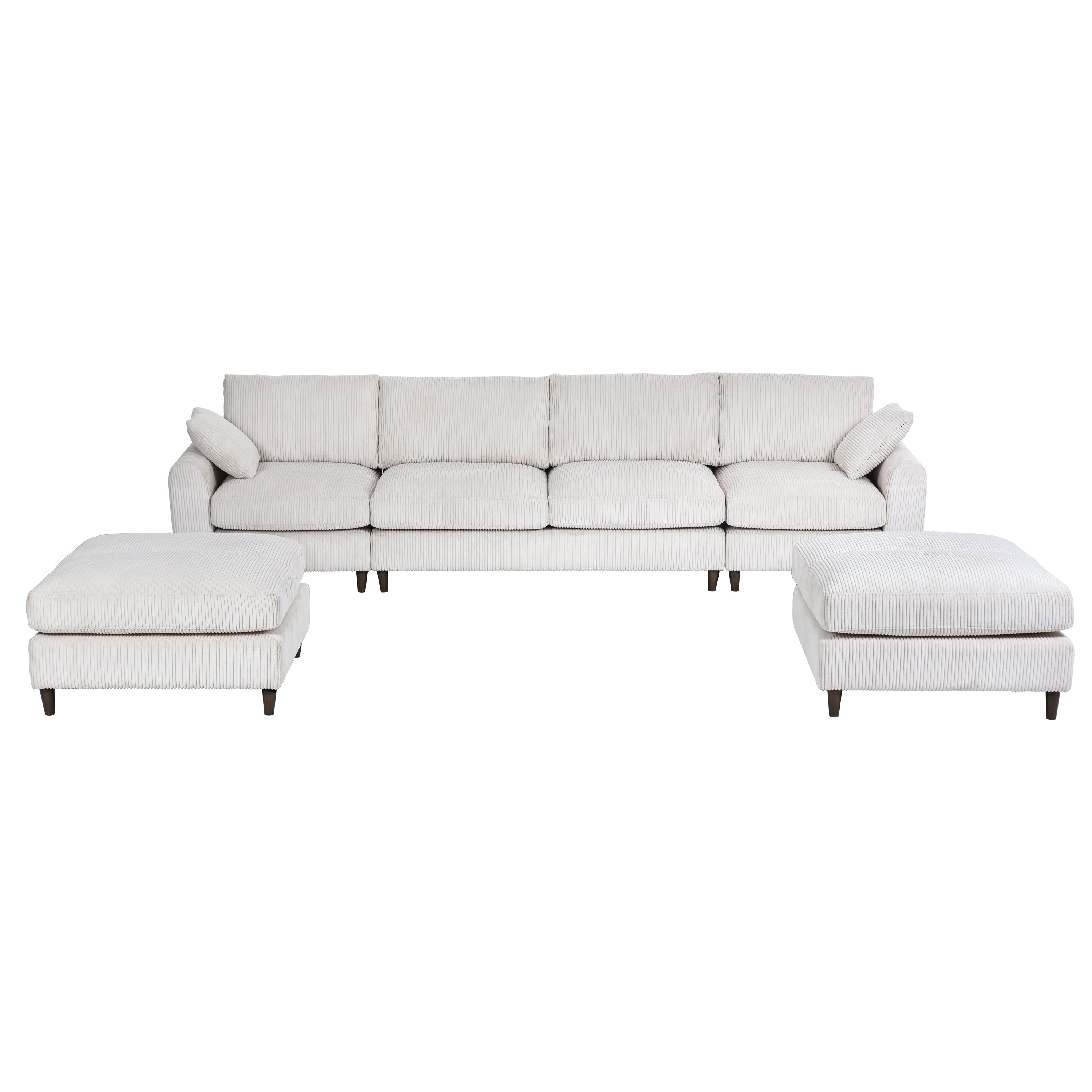 6-Seat Corduroy Modular Sofa, U/L Shape with Footstool – White