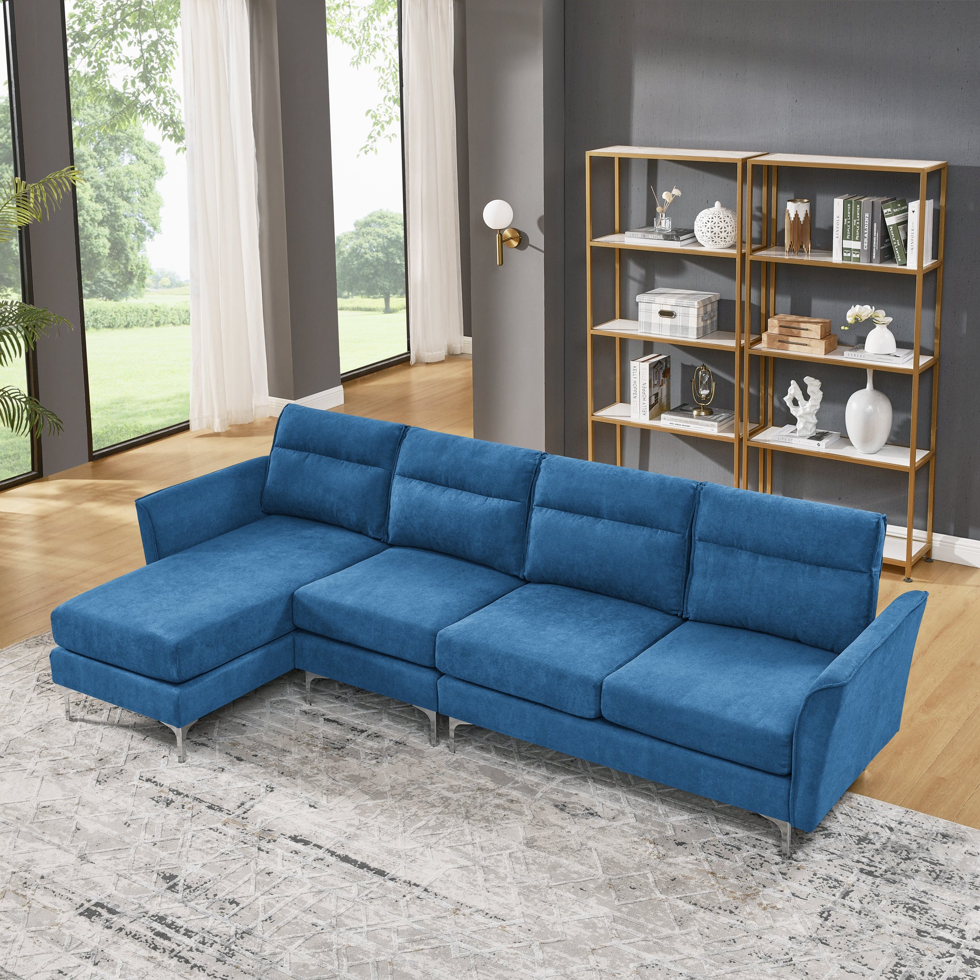 Modern Sofa 3-Seat Couch with Stainless Steel Trim and Metal Legs for Living Room,New package compression sofa technology,Navy blue