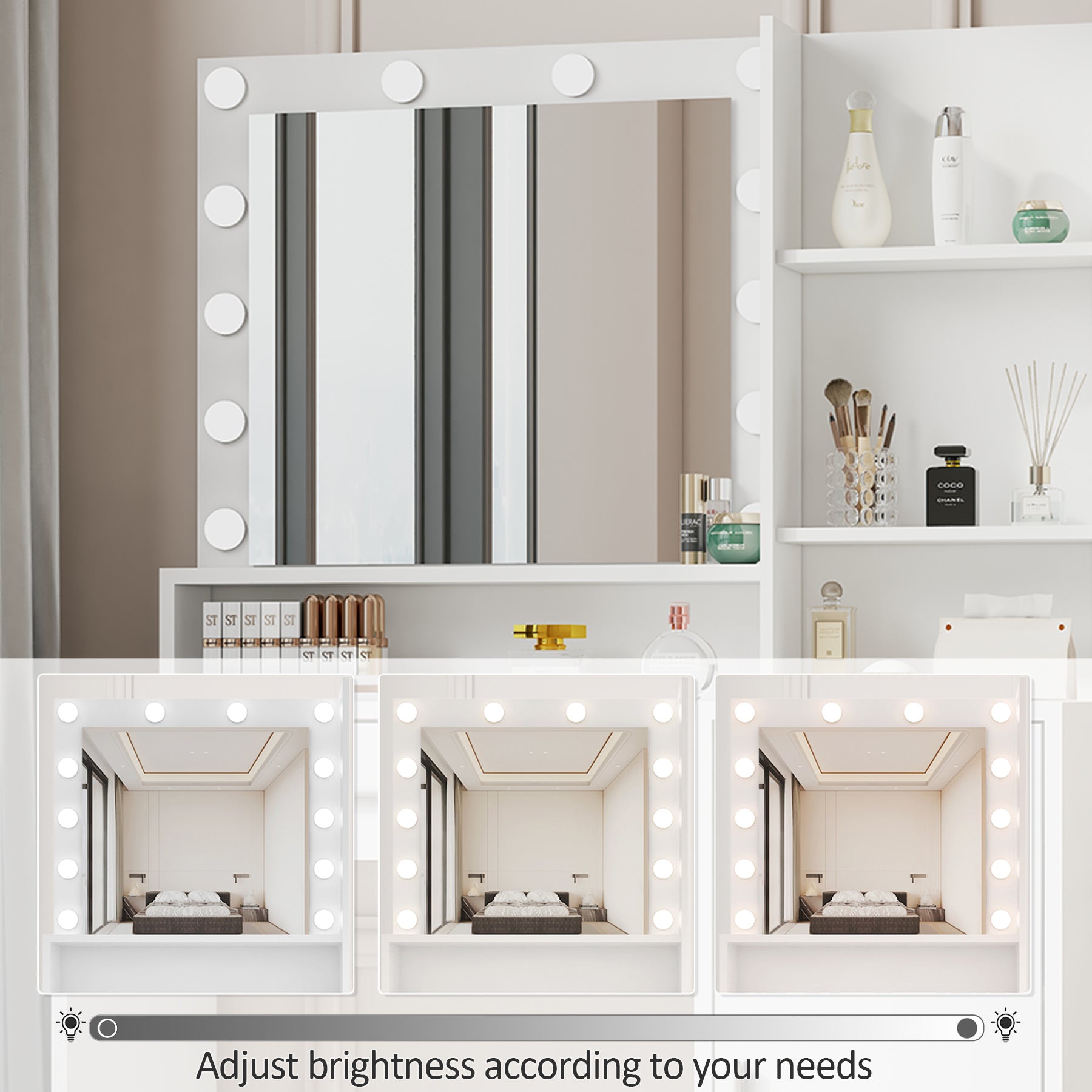 Vanity Desk with Mirror & Light, Large Drawer Three Level Storage Dresser, 3 Lighting Modes Adjustable Brightness, Bedroom Dressing Table (White with Stool)