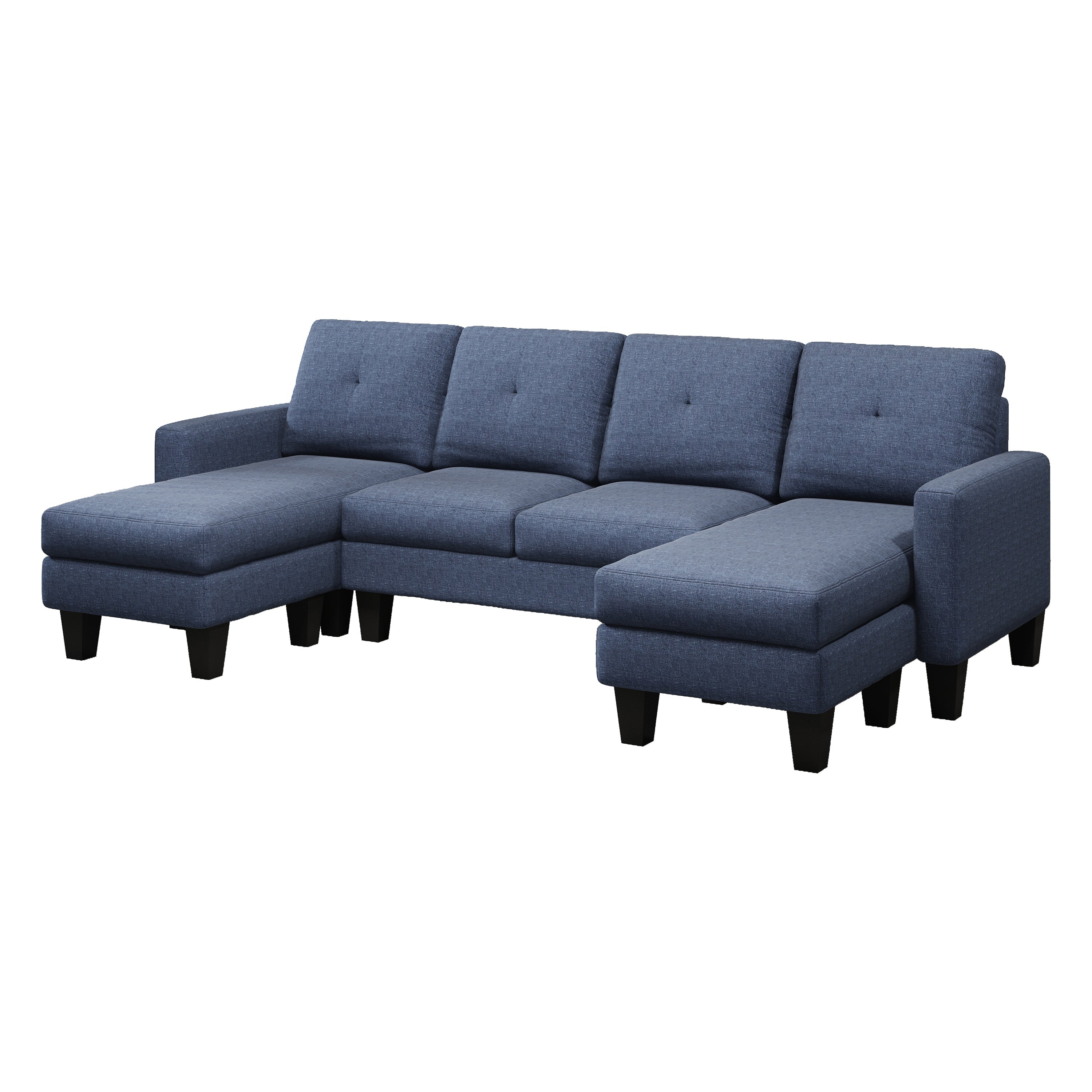 U-Shaped Sofa Coch 4-Seat Sofa with Chaise Polyester Fabric for Living Room Apartment Office (Blue)