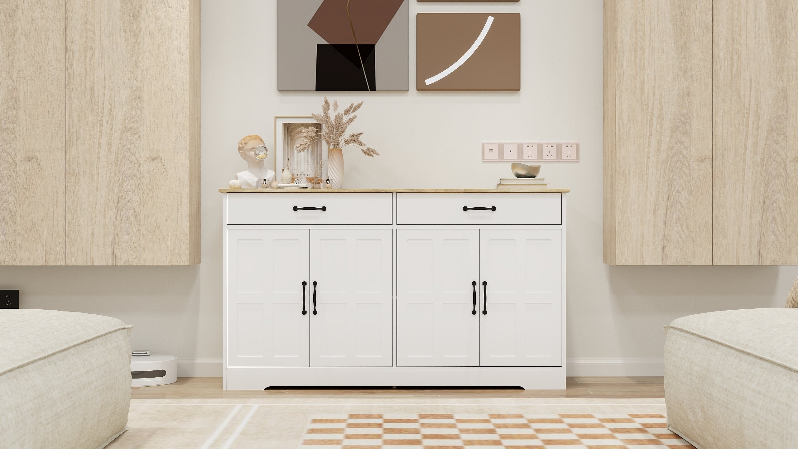 55.91" Large Farmhouse Buffet Cabinet Storage Sideboard with 2 Drawers and 4 Doors for Dining Living Room Kitchen Cupboard-White