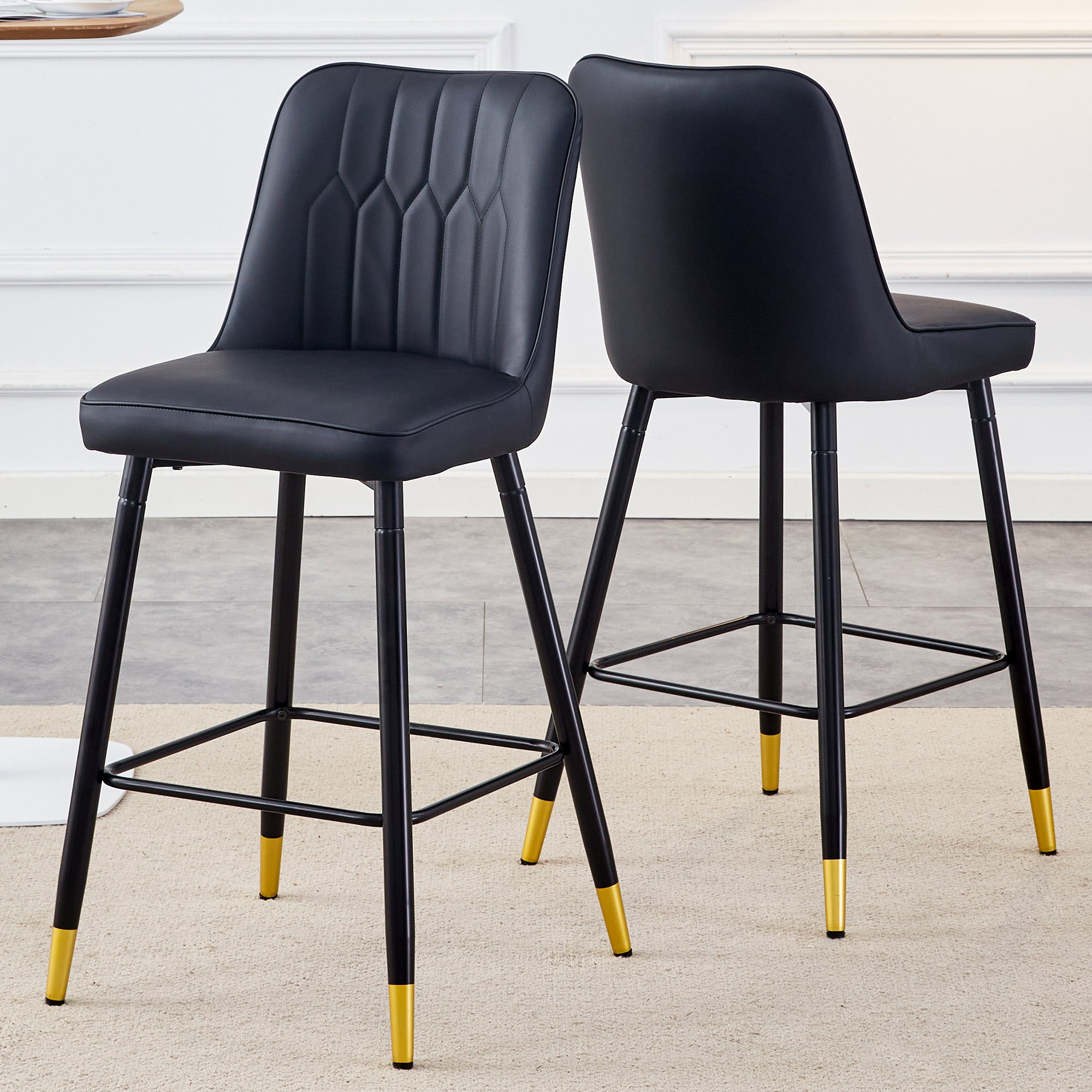 Modern Black PU Bar Stool - Set of 2 chairs with Comfortable Resting Beam