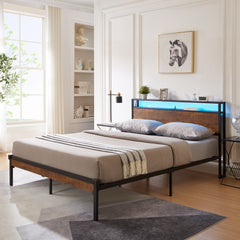 Queen Size Metal Platform Bed Frame with Wooden Headboard and Footboard with USB LINER,LED Lights, No Box Spring Needed, Large Under Bed Storage, Easy Assemble