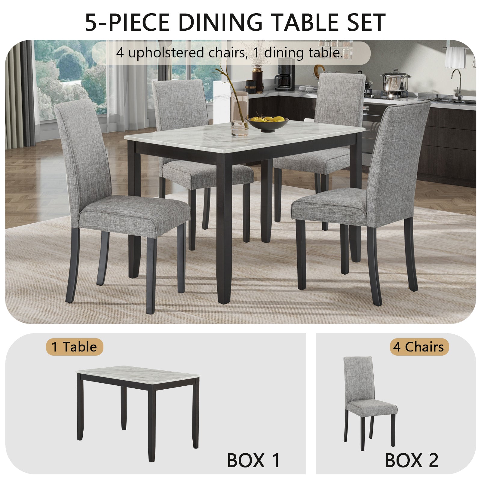 5-Piece Dining Set with Faux Marble Tabletop, Faux Marble dining table set for 4, Modern Wooden Dining Table Set for Kitchen and Dining Room, White +Dark Espresso