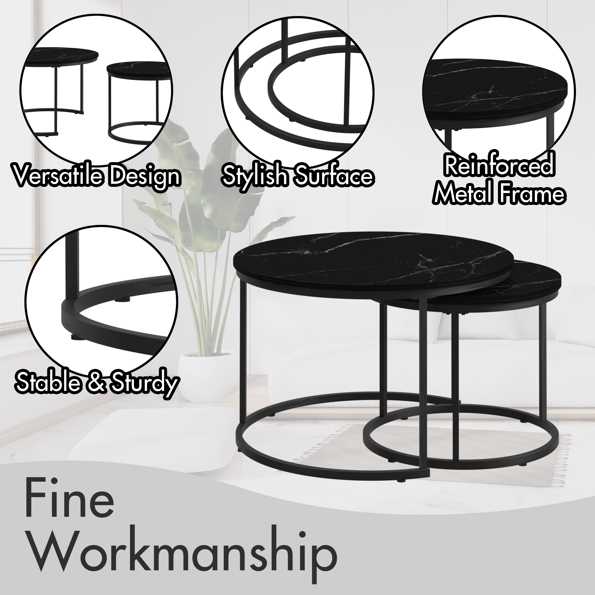 Nesting Coffee Table Set of 2, 27.6inch Round Coffee Table Wood Marble Pattern Top with Sturdy Metal Frame, End Table Side Tables for Living Room Bedroom Balcony Yard (Black)