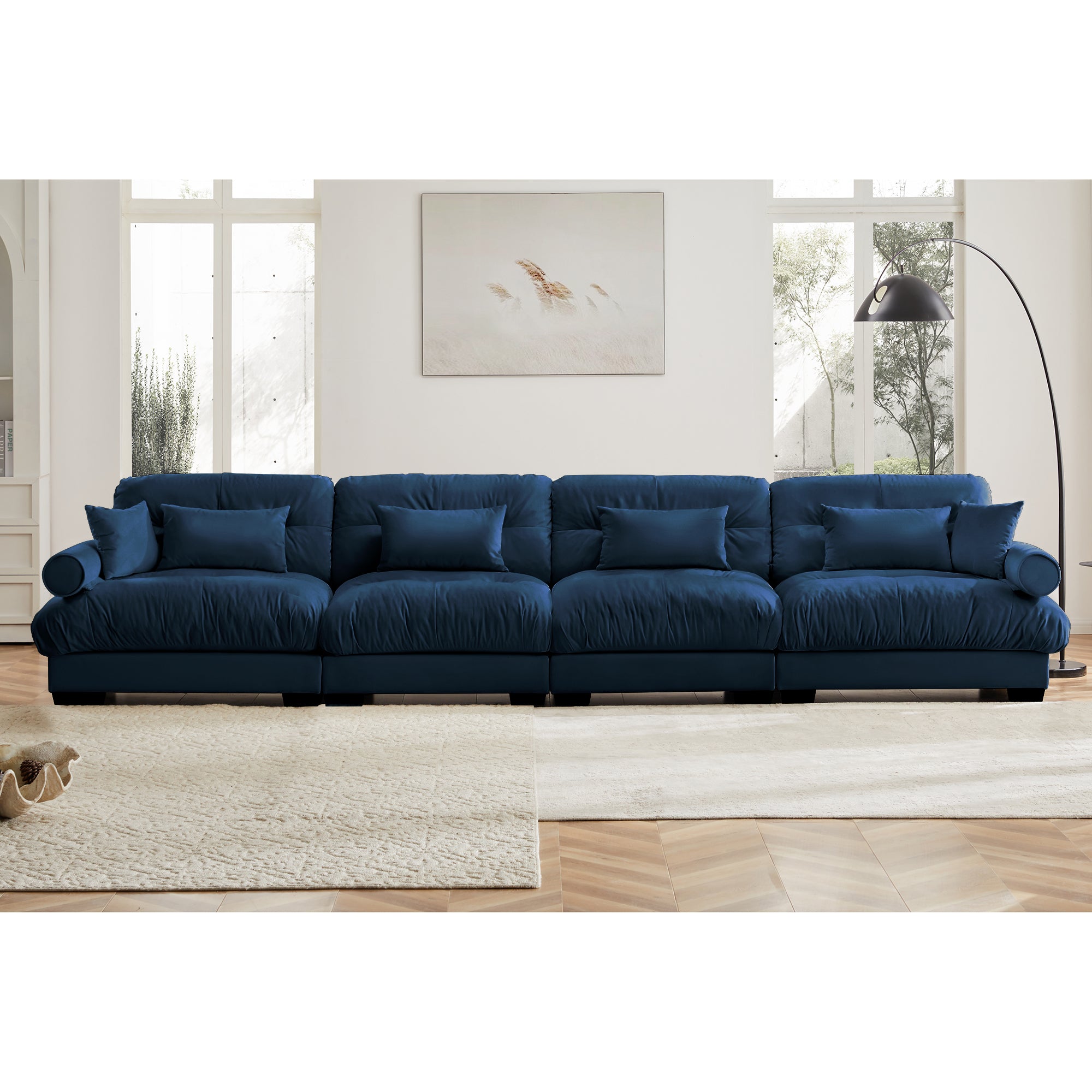 Oversized 4-Seater Velvet Sectional Sofa with Ottoman, Deep Seat Cloud Couch for Living Room, Blue