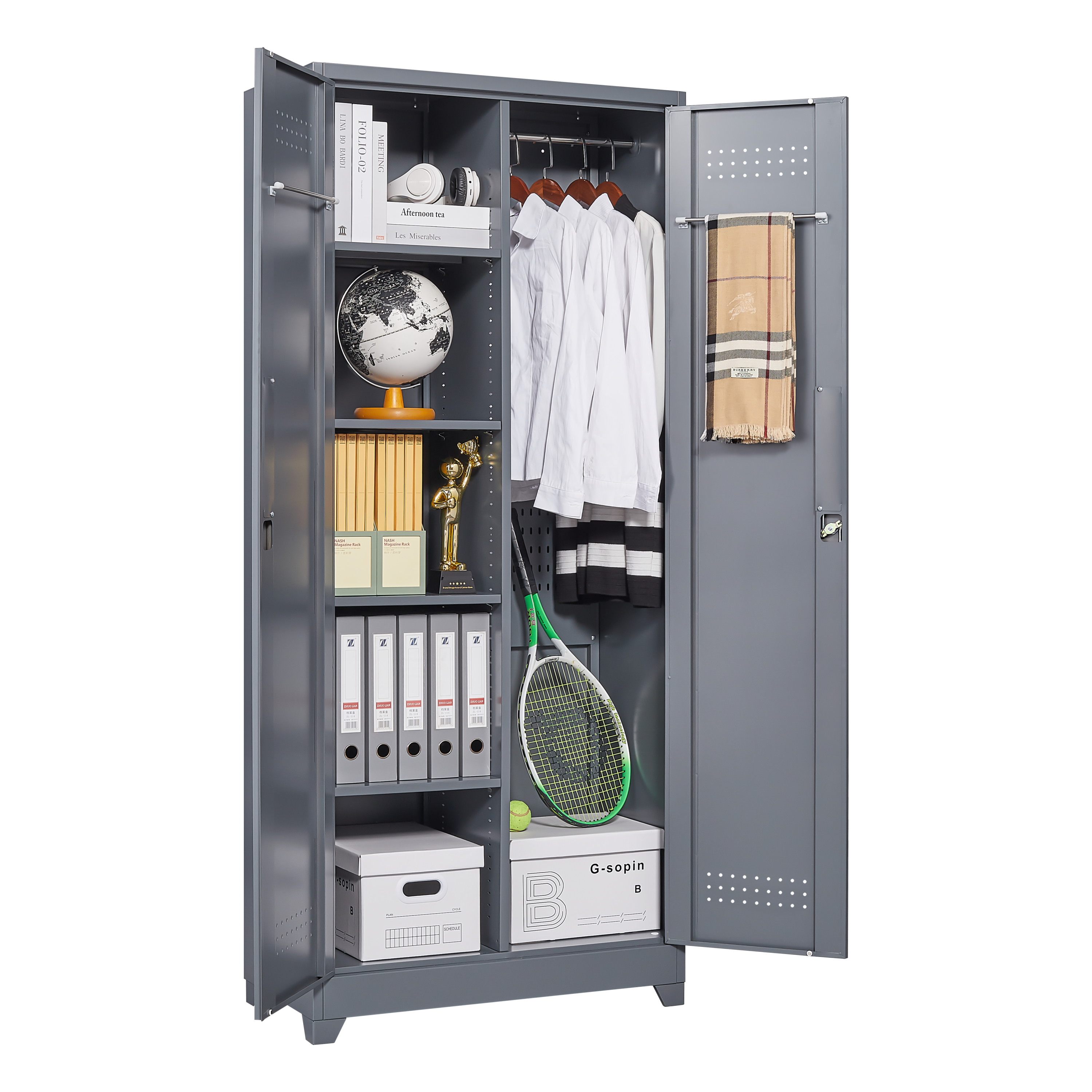 Metal Storage Cabinets, Cleaning Tool Cabinet with Locking Door, Tall Broom Tool Organizer and Storage, Large Storage Cabinet for Kitchen, Pantry, Office, Shop