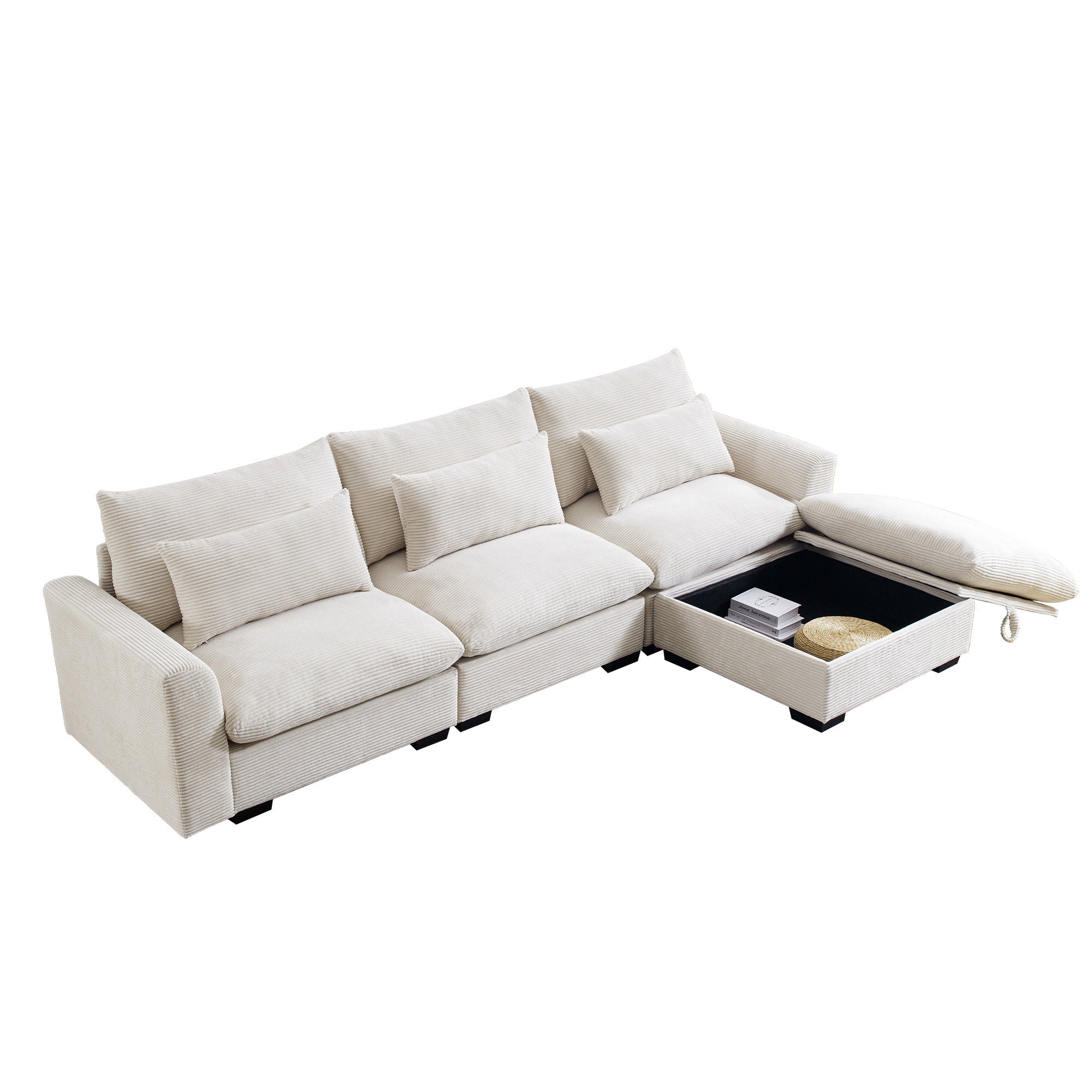 Corduroy Sectional Sofa,  L Shaped Couch with Storage Footstool and 3 Pillow, Sectional Couch for Living Room Apartment, Beige