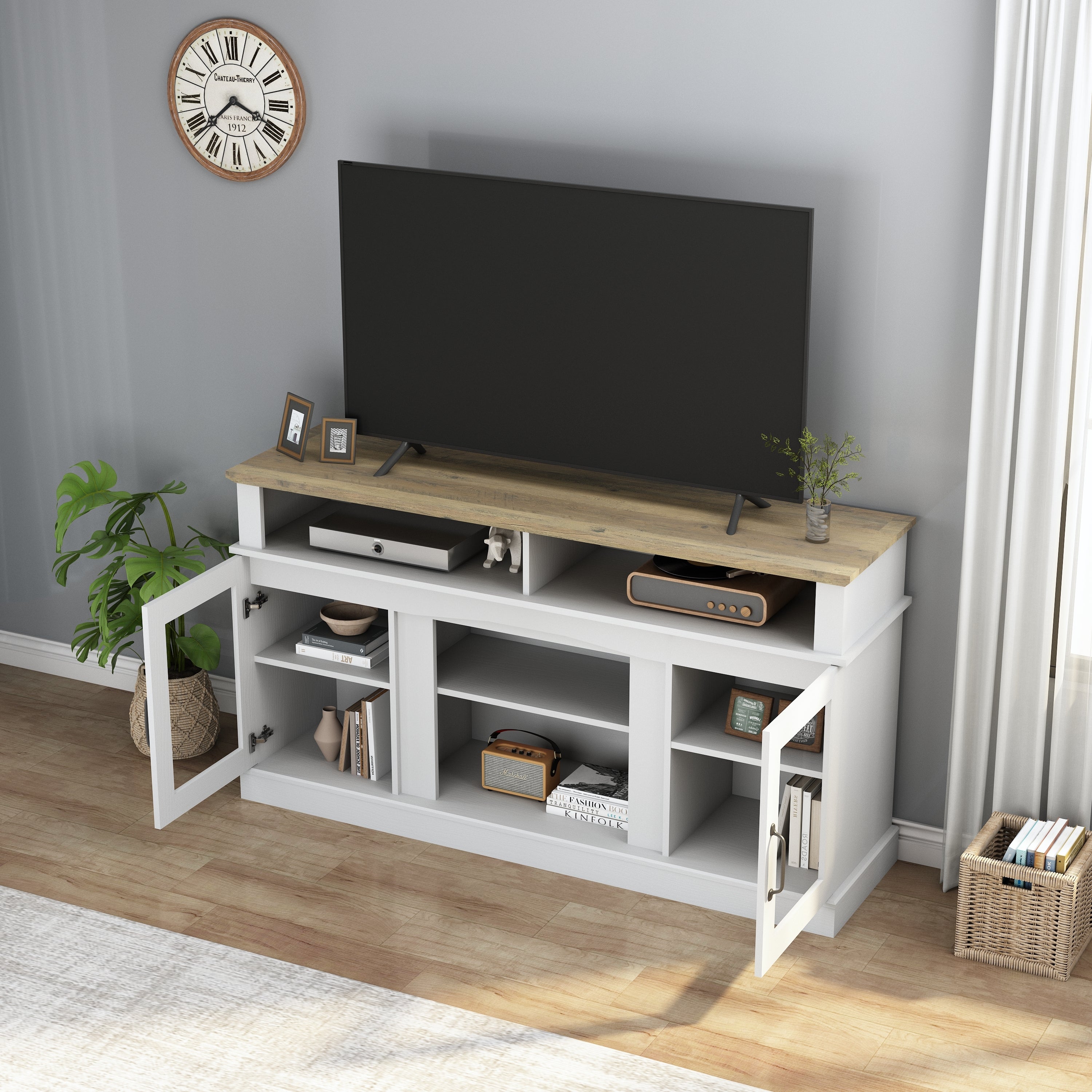 58 Inch TV Stand with Storage Cabinet and Shelves, TV Console Table Entertainment Center for Living Room,Bedroom