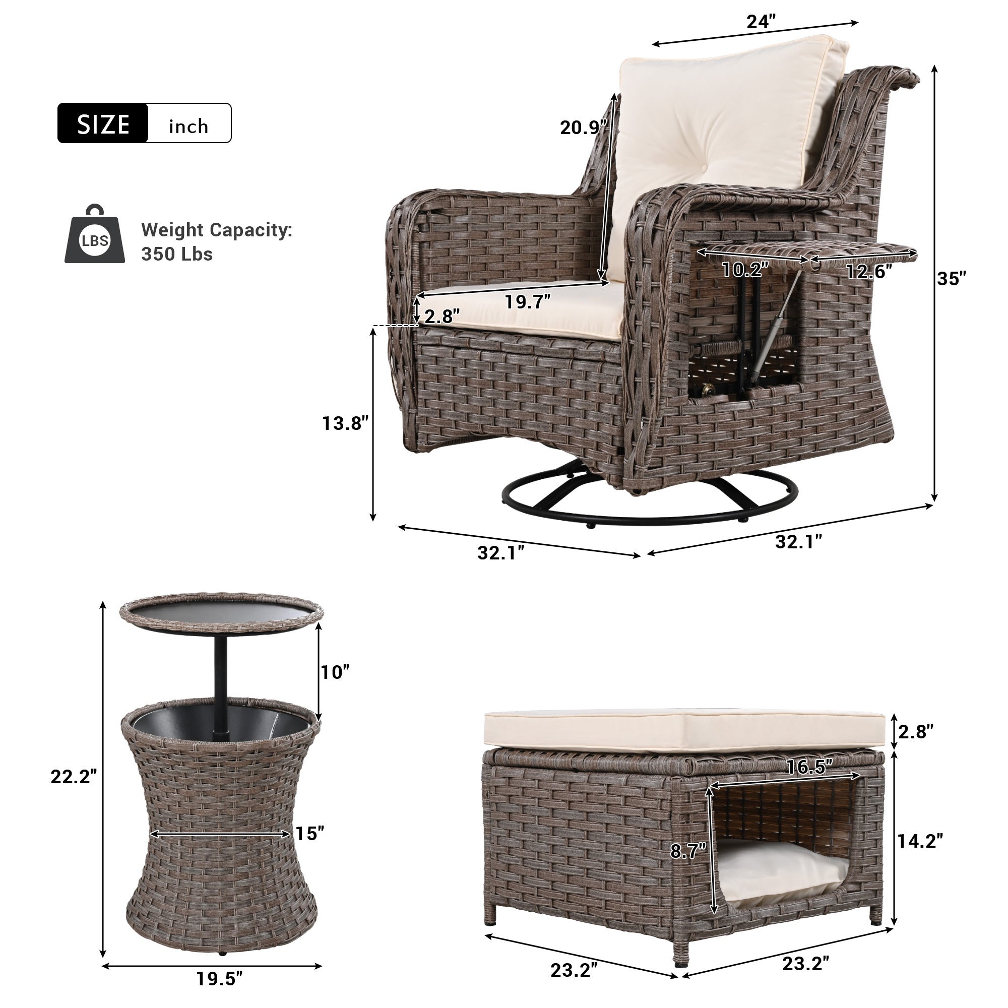 K&K 5 Pieces Outdoor Patio Furniture Set with Pet House Cool Bar and Retractable Side Tray, Rattan Wicker Patio Swivel Rocking Chairs Set of 2 with Ottomans for Backyard, Porch, Balcony, Beige