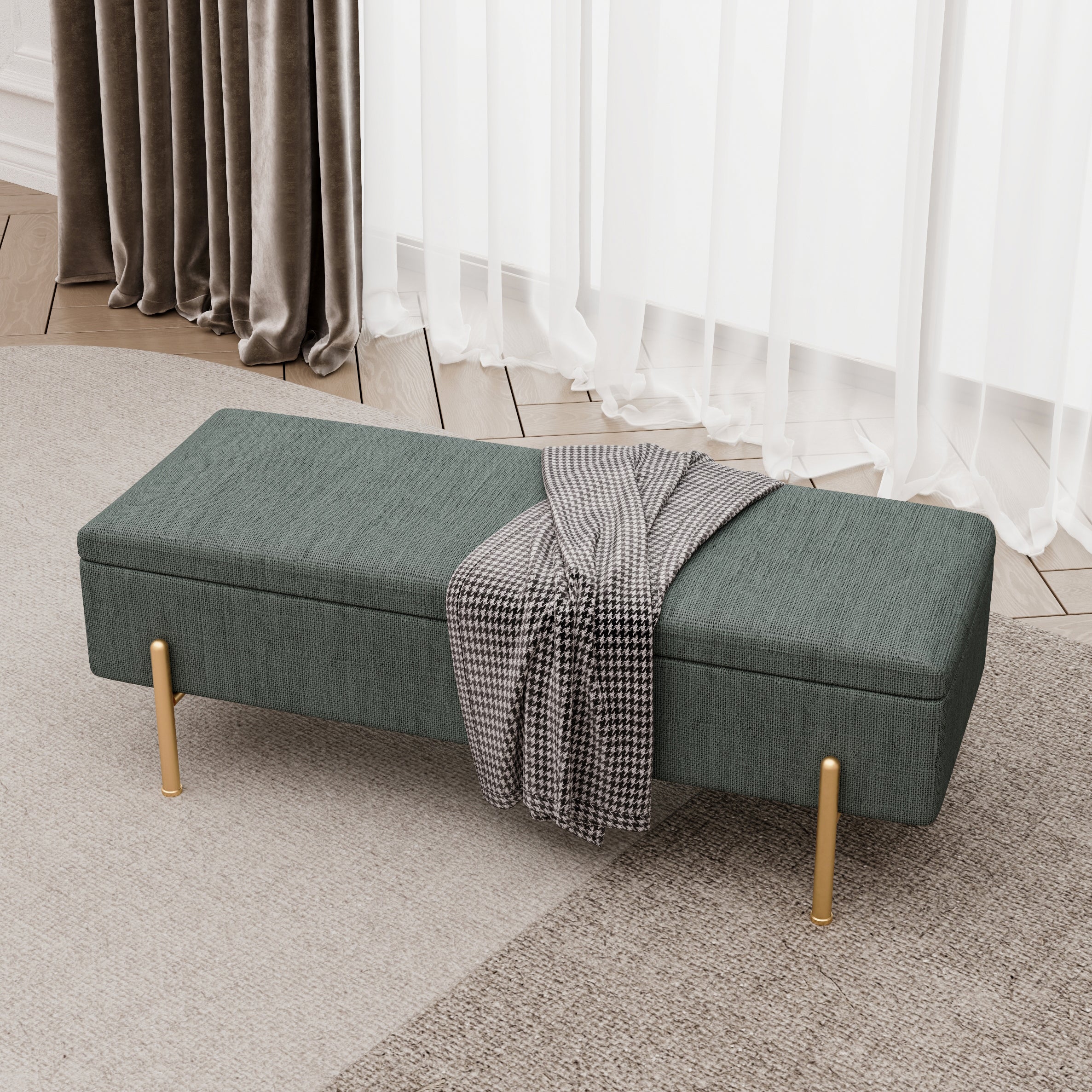 Upholstered Storage Bench Rectangular Ottoman Entryway Bench Storage Chest with Padded Seat Bed End Stool for Hallway Living Room Bedroom, Green Chenille Fabric