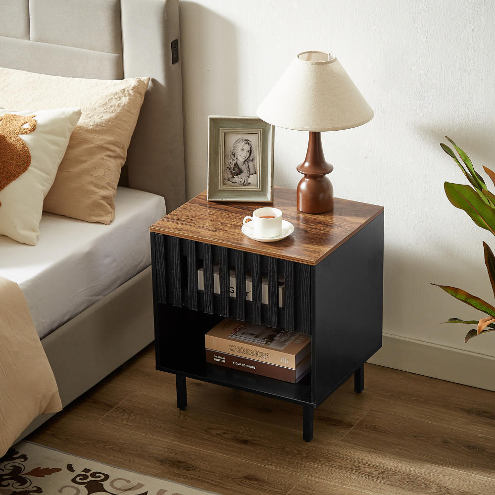 Set of 2 Mid-Century Nightstands with Grille Doors and Metal Legs, Bedroom End Tables