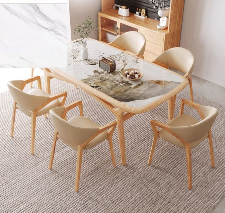 Rectangular Dining Table Modern Glass Top with Ash Wood Base for