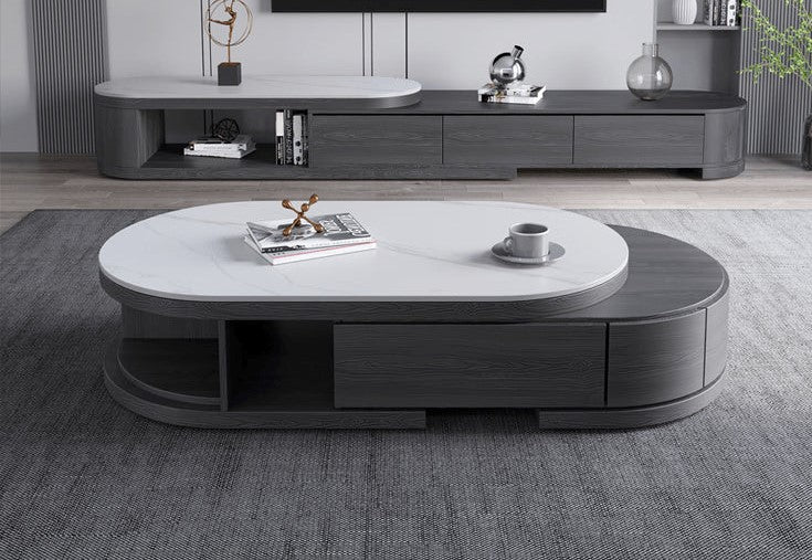 Stylish Oval Coffee Table with Storage and Marble Top - Durable Modern Design for LIvingroom faml-701