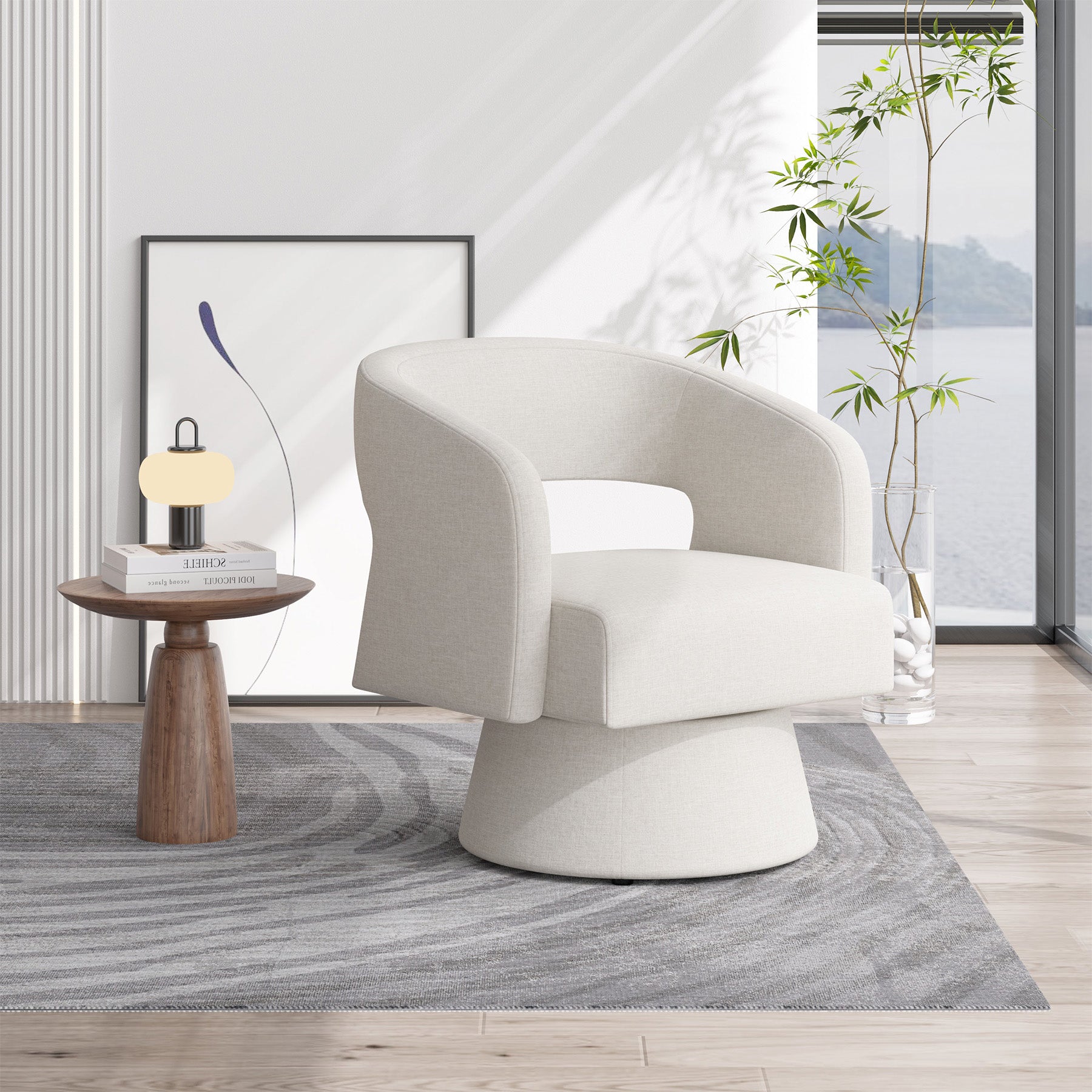 Modern Linen Swivel Chair with Wooden Base Sofa chair for relaxation - Stylish Living Room Accent FU01059