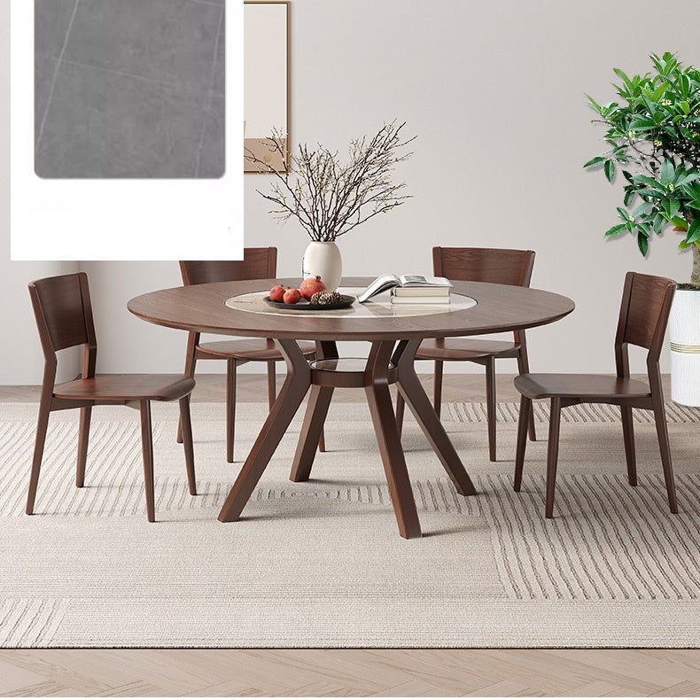 Modern Round Ash Wood Dining Table with Sintered Stone Top for 6 Seaters 4 Legs fmbs-005