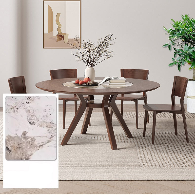 Modern Round Ash Wood Dining Table with Sintered Stone Top for 6 Seaters 4 Legs fmbs-005