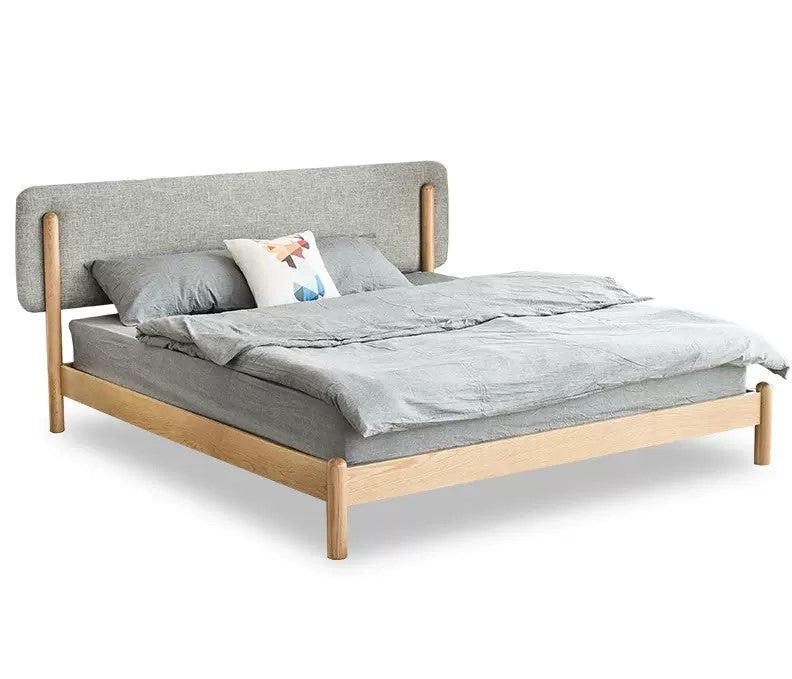 Stylish Natural Wood Bed Frame in Gray, Blue, or Brown - Oak and Pine with Cotton-Ramie Fabric Options hym-477