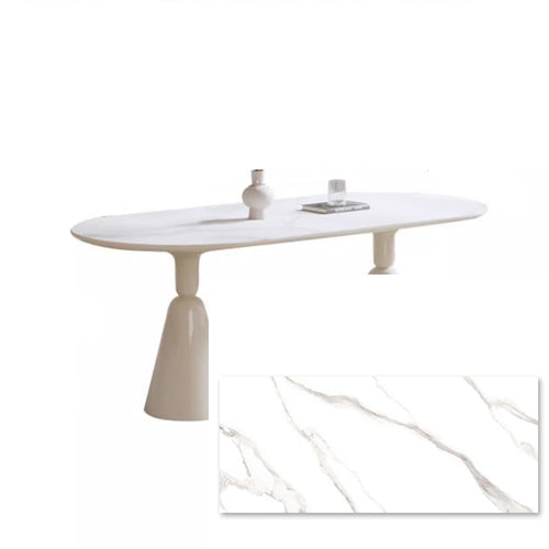 Minimalistic Oval Wooden Dining Table - Sintered Stone Top & Double Pedestals jh-078