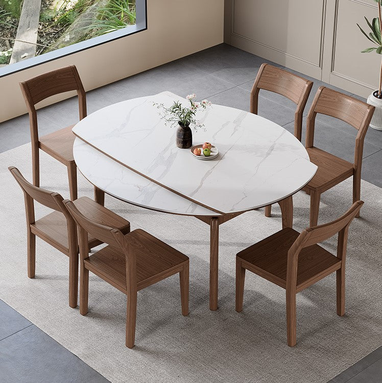 Extendable Round Dining Table with Sintered Stone Top and Wooden Base - Modern for Diningroom fnl-276