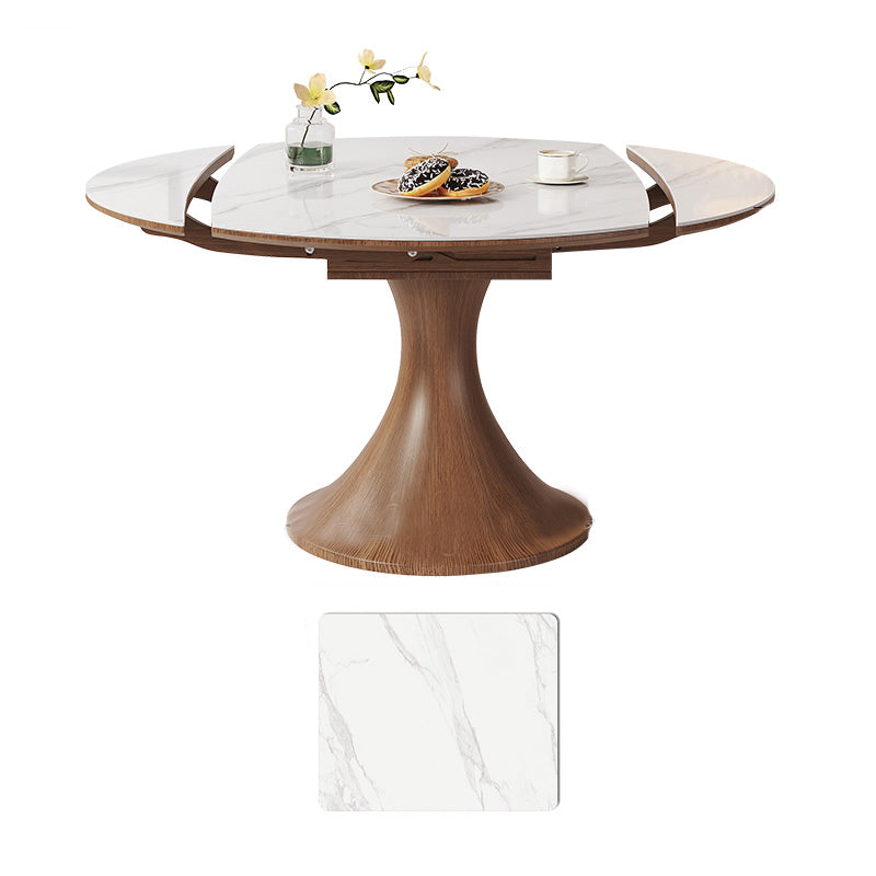 Modern Round Oak Wood Dining Table with Extendable Sintered Stone Top & Pedestal for 6-8 People fmbs-003