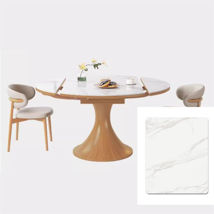 Modern Round Oak Wood Dining Table with Extendable Sintered Stone Top & Pedestal for 6-8 People fmbs-003