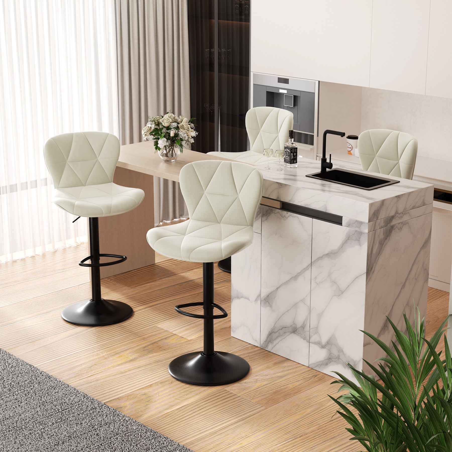 Modern Adjustable Faux Leather Bar Chair with Backrest - Stylish Black Counter Stool FU01034