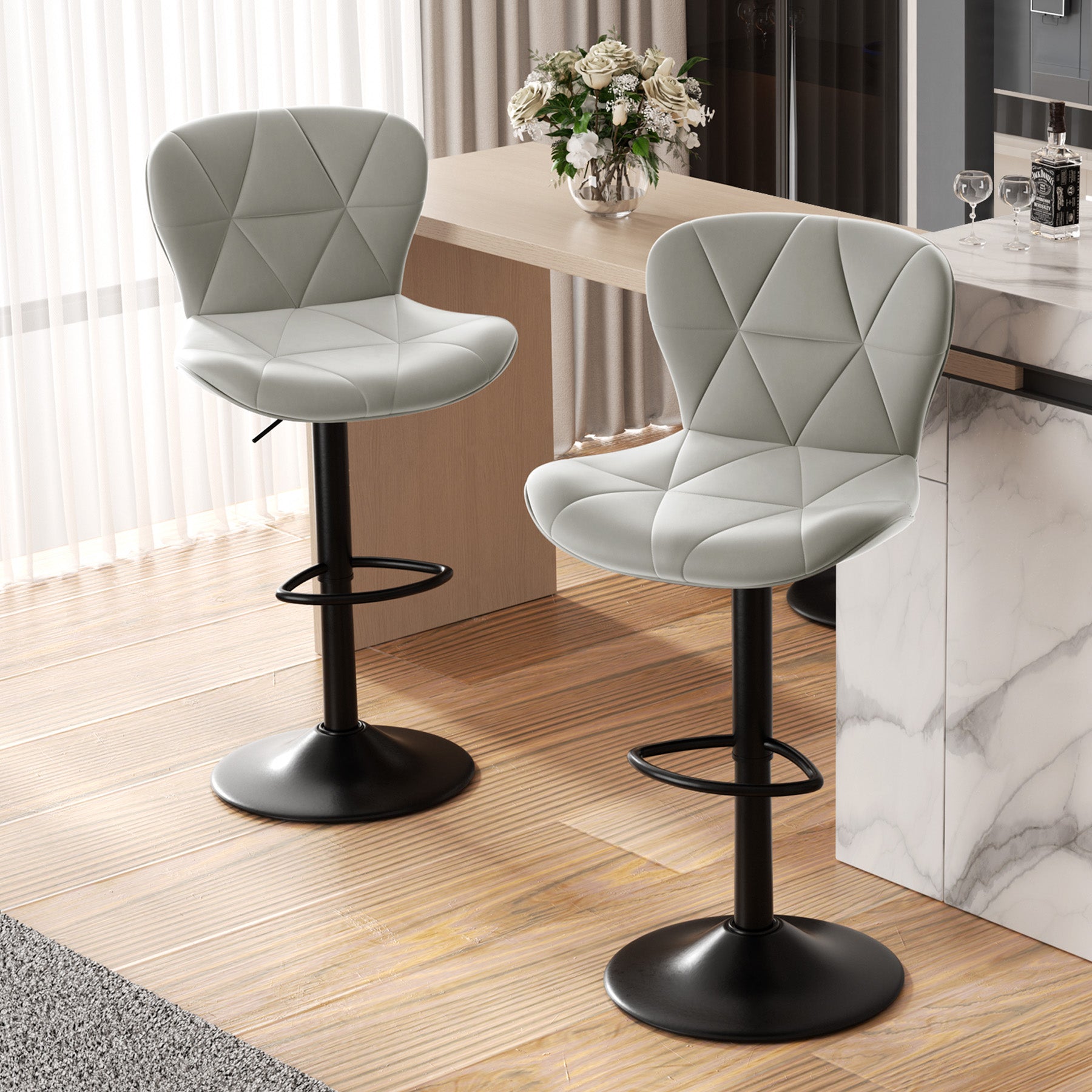 Modern Adjustable Faux Leather Bar Chair with Backrest - Stylish Black Counter Stool FU01034