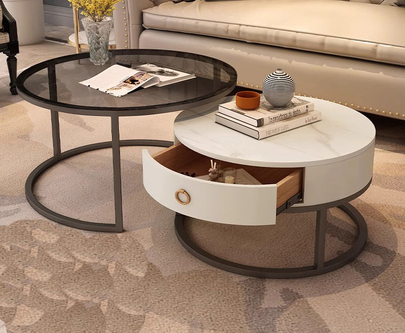 2-Pieces Sintered Stone Round Coffee Table with Storage - Modern Set Design for LIvingroom frg-493