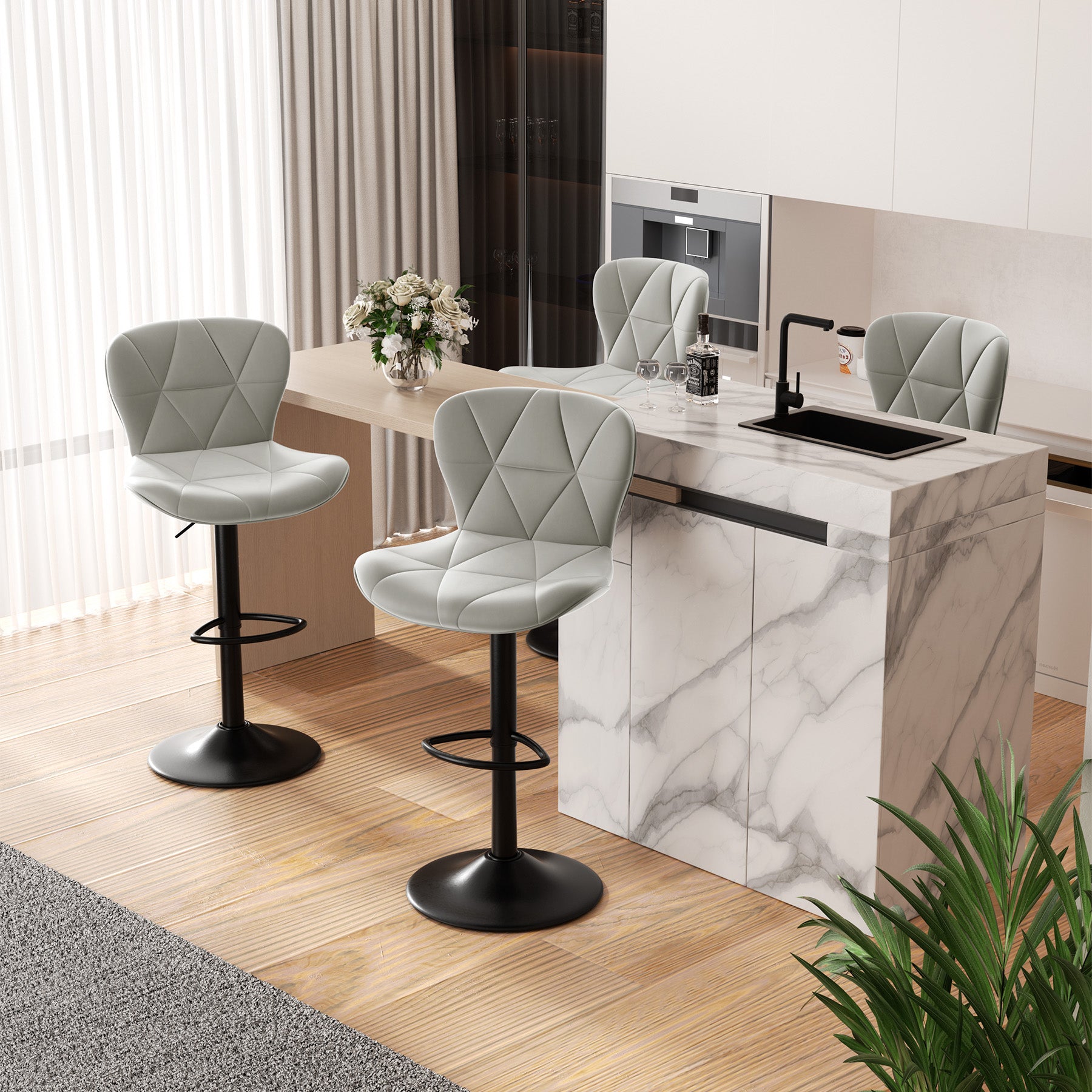 Modern Adjustable Faux Leather Bar Chair with Backrest - Stylish Black Counter Stool FU01034