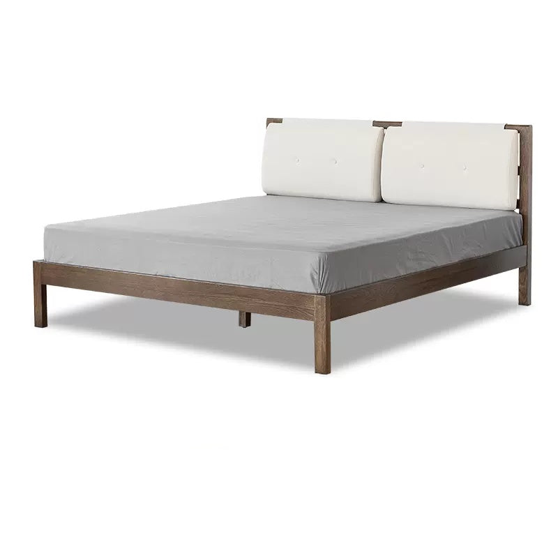 Stylish Bed with Natural Oak, Pine & Cotton-Ramie Upholstery – Elegant Brown, Off White & Gray Finish hym-630