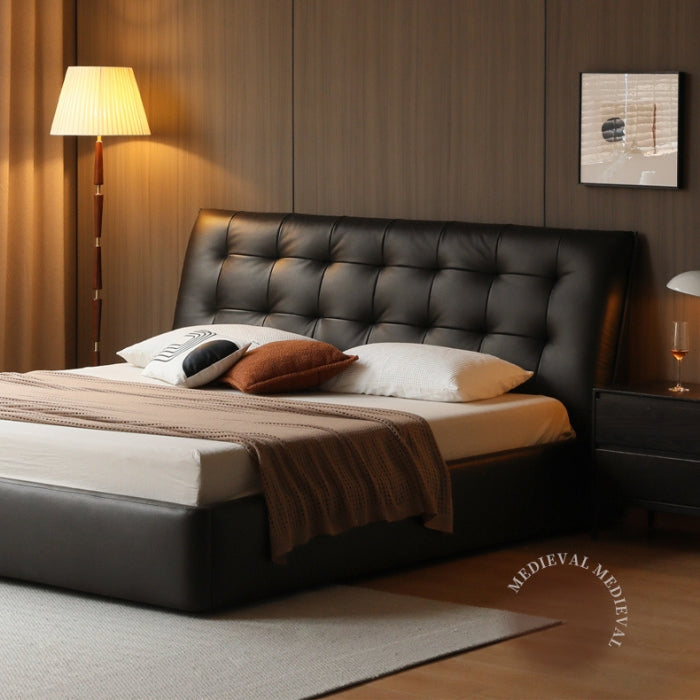 Genuine Leather Bed for Master Bedroom - Modern Minimalist Luxury Platform Bed with Top-Grain Leather Upholstered Headboard