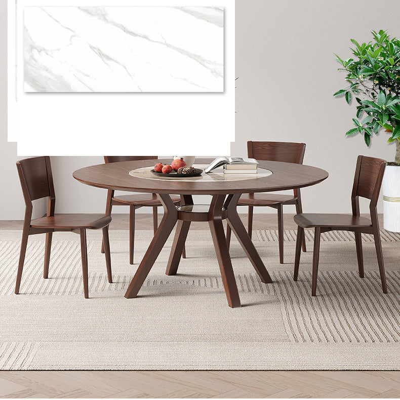 Modern Round Ash Wood Dining Table with Sintered Stone Top for 6 Seaters 4 Legs fmbs-005