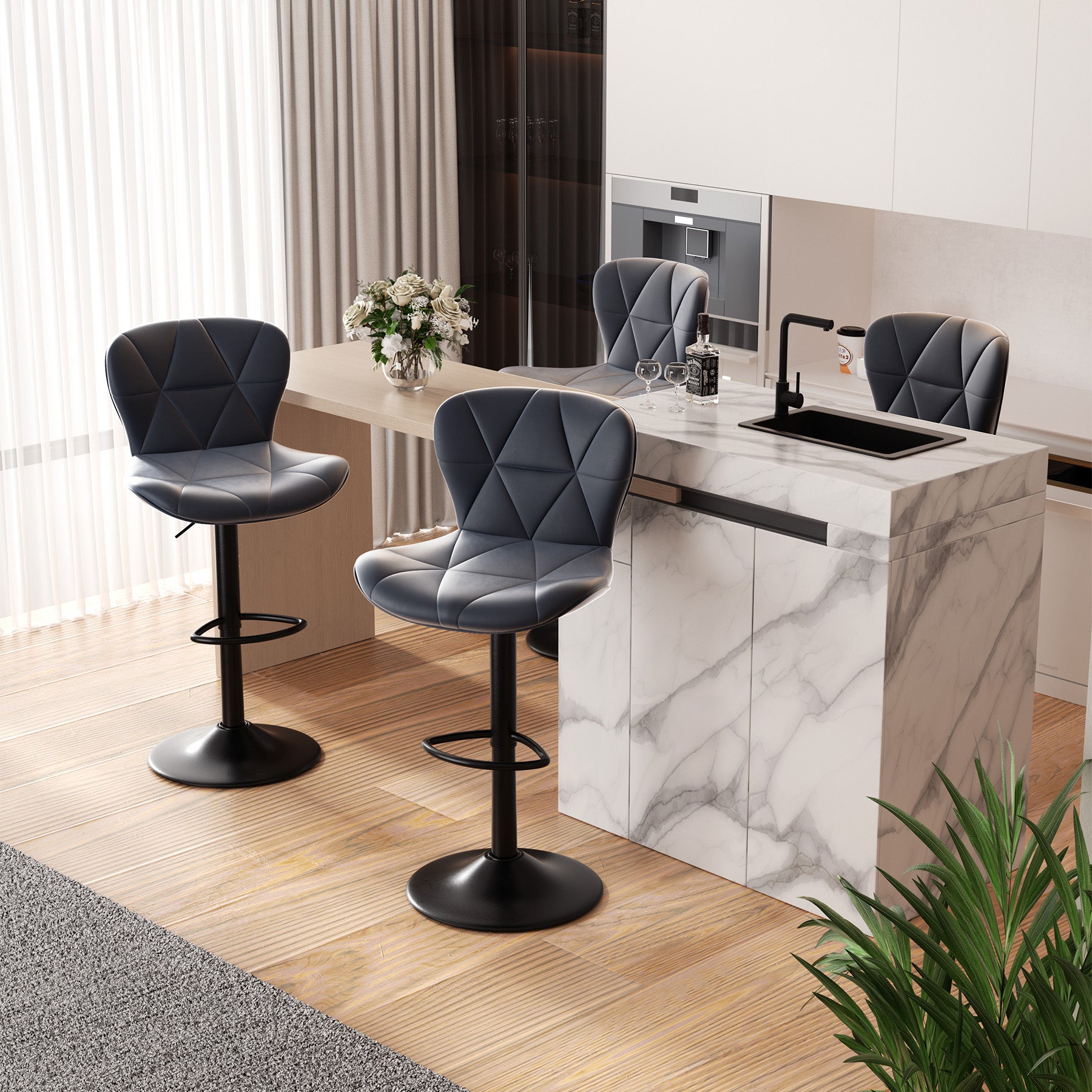 Modern Adjustable Faux Leather Bar Chair with Backrest - Stylish Black Counter Stool FU01034