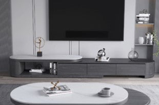 Sleek White Gloss TV Cabinet with Matte Grey Marble Accents - Plywood & Metal Construction faml-702