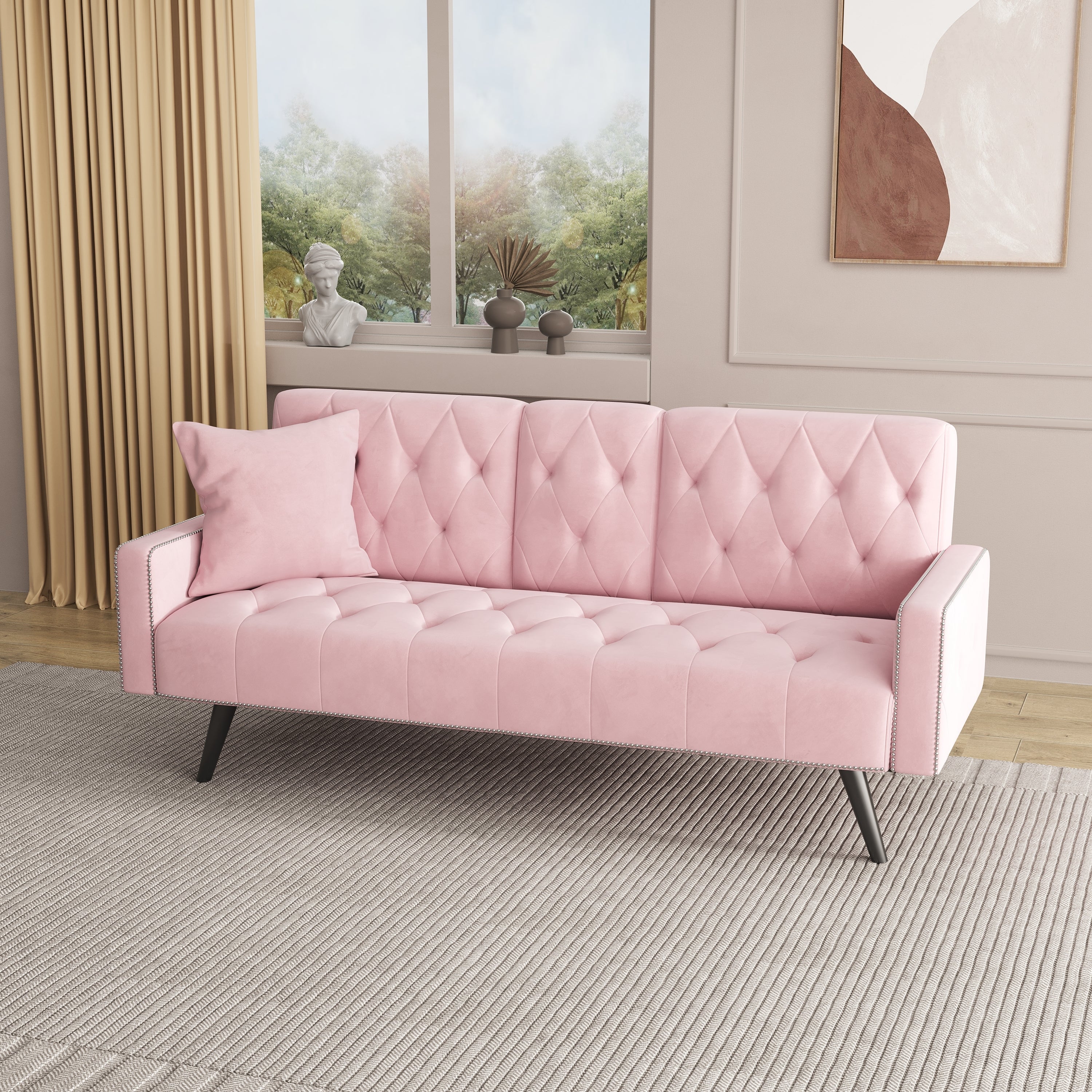 72" Pink Velvet Sofa Bed with Nail Head Trim & Two Cup Holders Sleeper Sofa for Small Living Room