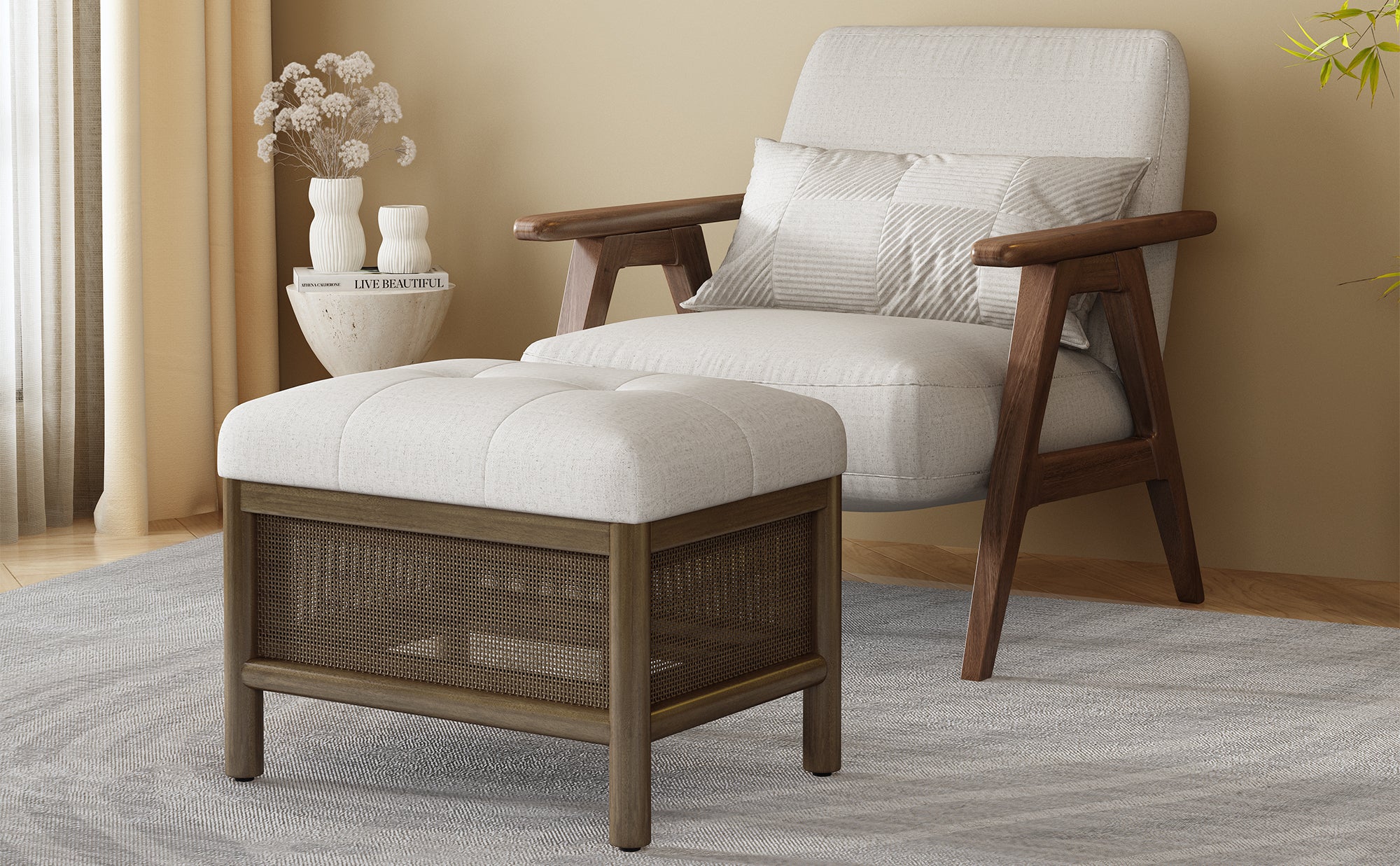 Cane Base Ottoman-Dark Walnut/Cream (21.5"*16"*17")