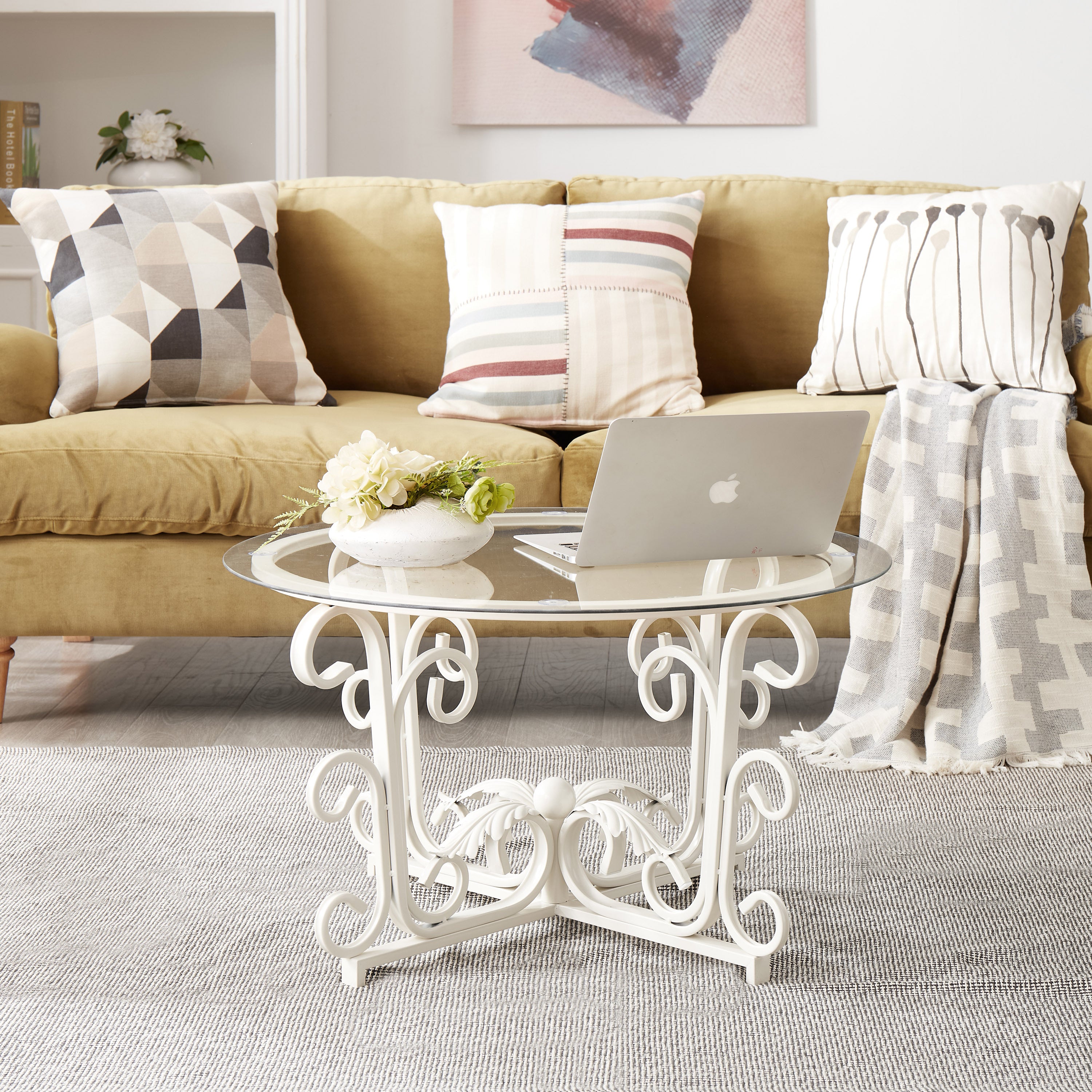 Glass Coffee Table with Iron Leaf Base, White