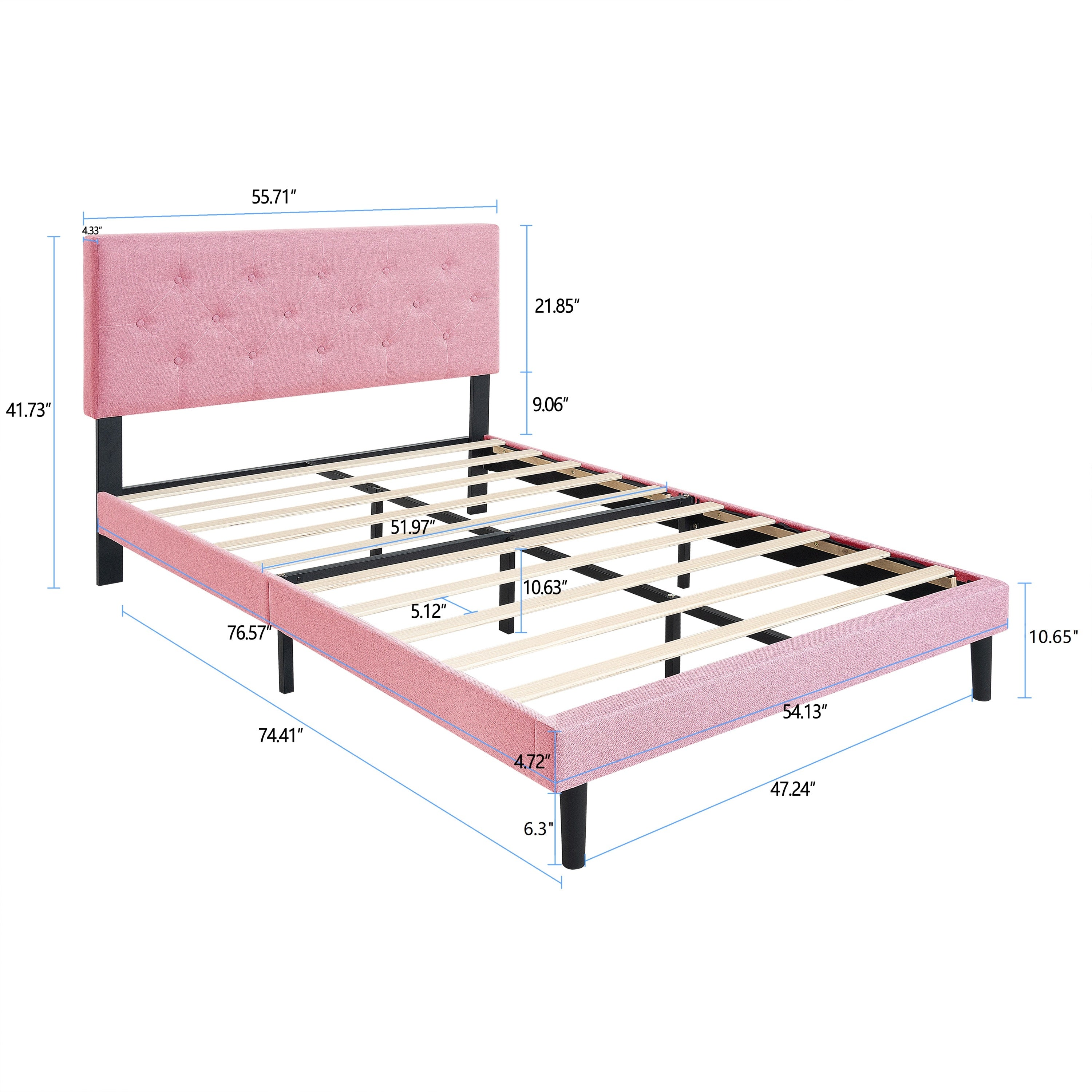 Full Size Upholstered Platform Bed Frame with Modern Button Tufted Linen Fabric Headboard, No Box Spring Needed, Wood Slat Support, Easy Assembly, pink