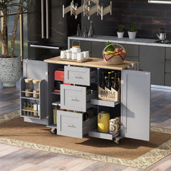 K&K Rolling Kitchen Island with 3 Drawer, 2 Slide-Out Shelf and Internal Storage Rack, Grey Blue