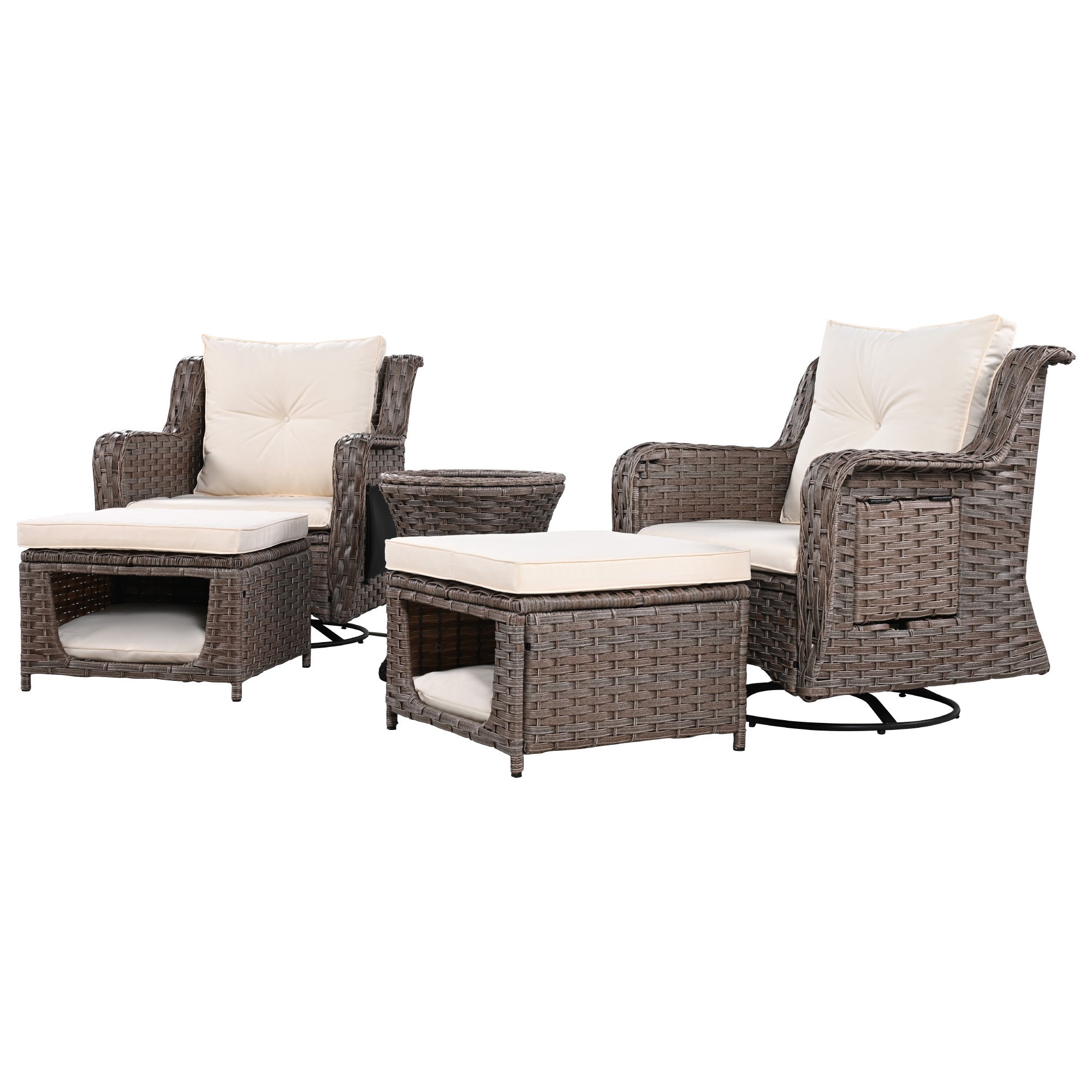 K&K 5 Pieces Outdoor Patio Furniture Set with Pet House Cool Bar and Retractable Side Tray, Rattan Wicker Patio Swivel Rocking Chairs Set of 2 with Ottomans for Backyard, Porch, Balcony, Beige