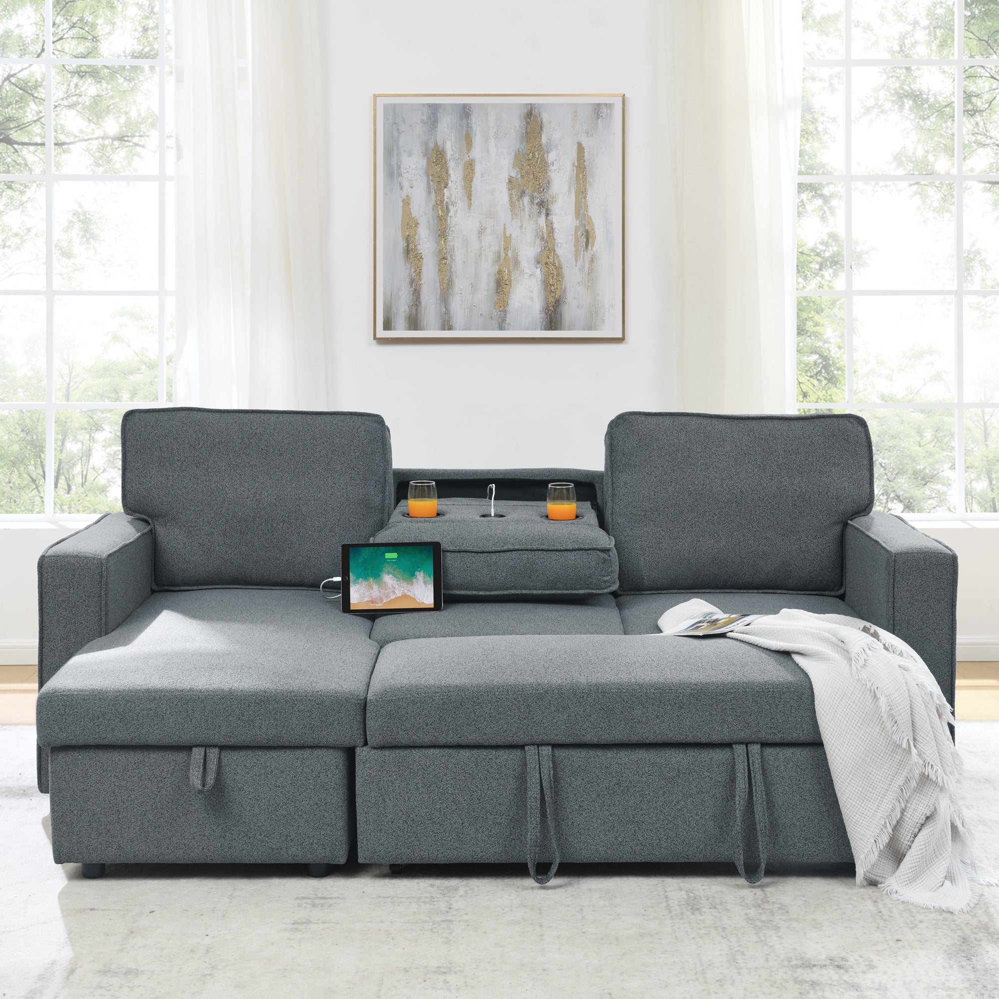 Linen Upholstered Sleeper Sectional Sofa, Shaped Modular Convertible Sofa with Storage Chaise,There are two cup holders in the middle and USB multi-interface function,Pull Out Sleep Couch Bed ,Grey